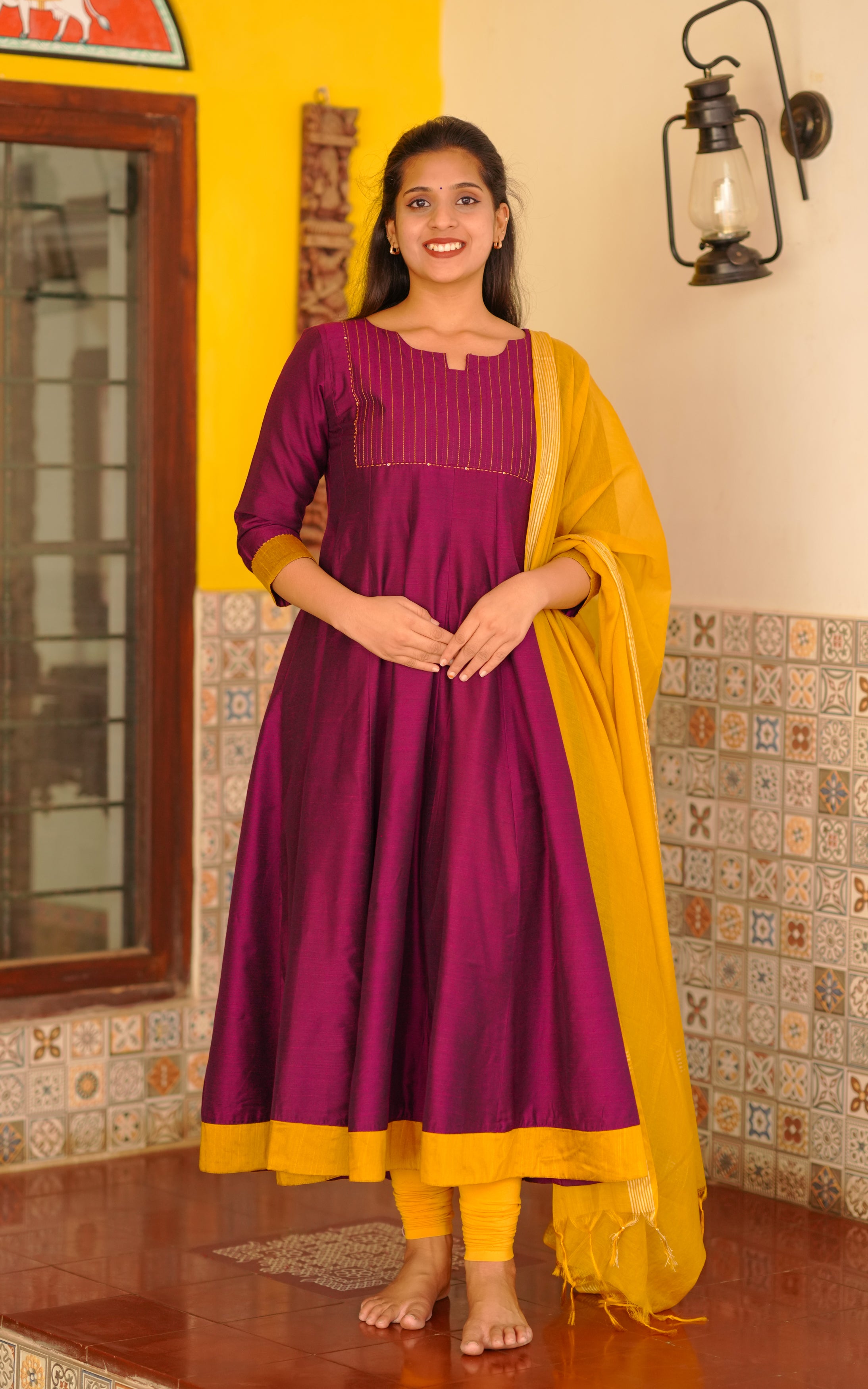 Ethnic Deep Purple Silk Cotton Flared Anarkali for Women