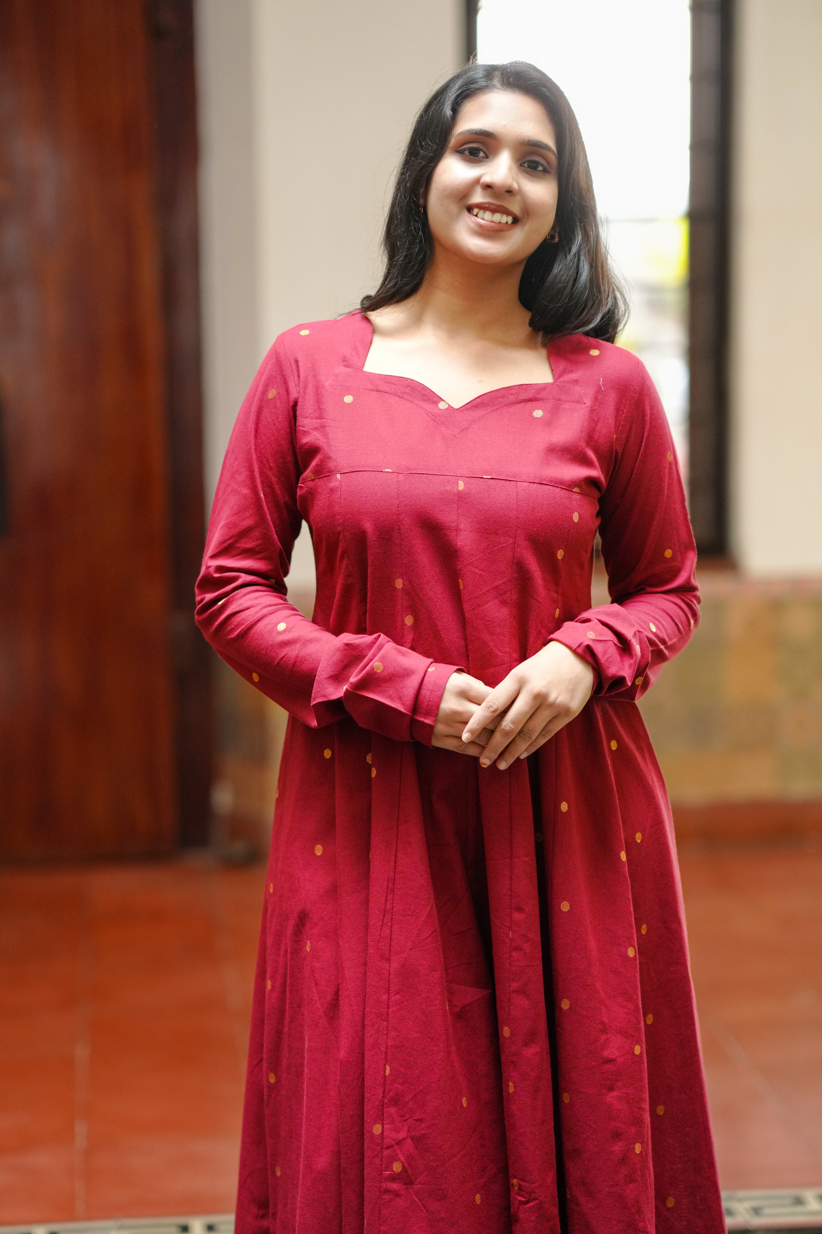 Maroon Cotton Anarkali with Zari Buta for Women
Anarkali with Gathered Sleeves for Women