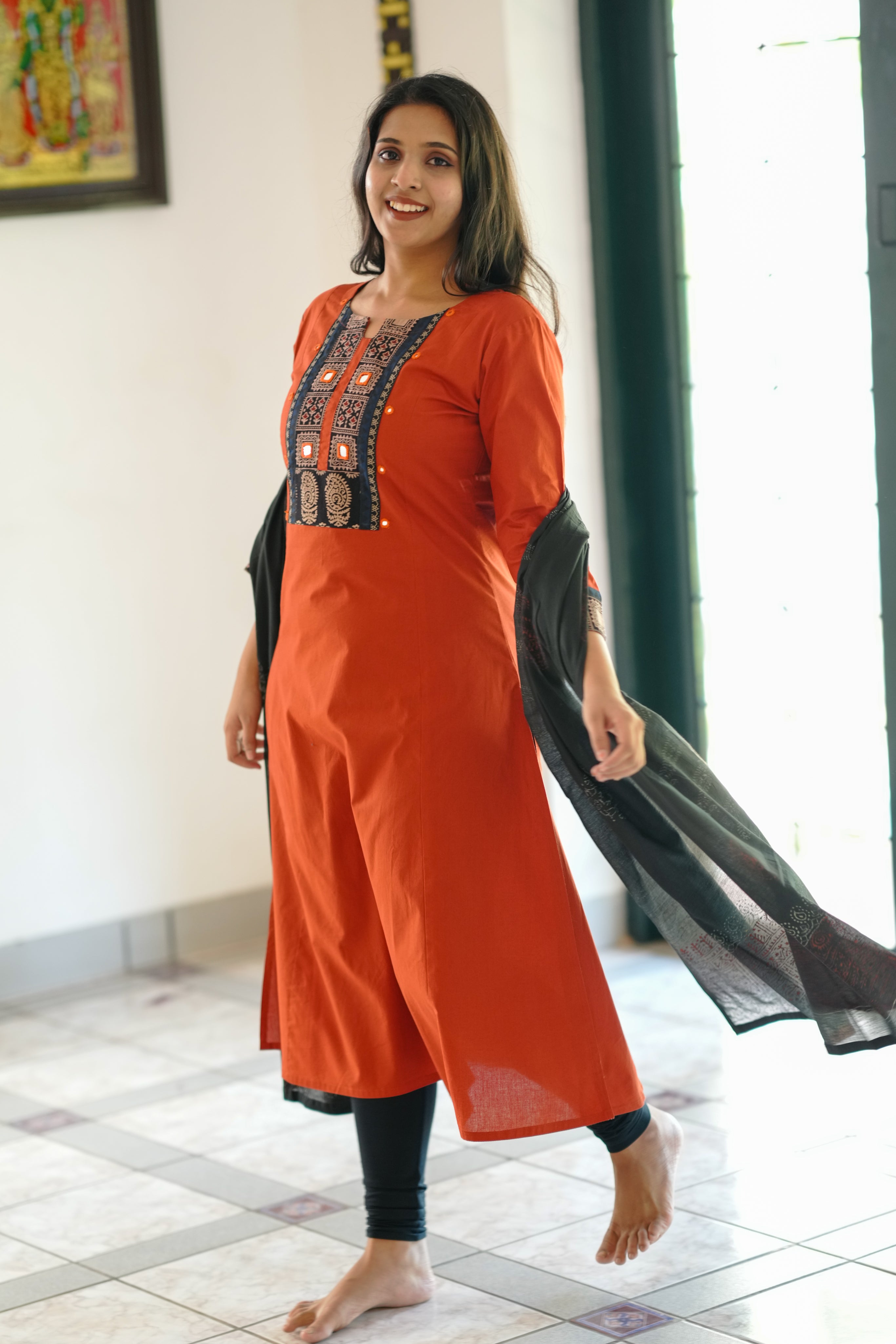 mirror embroidered a line kurti with dupatta