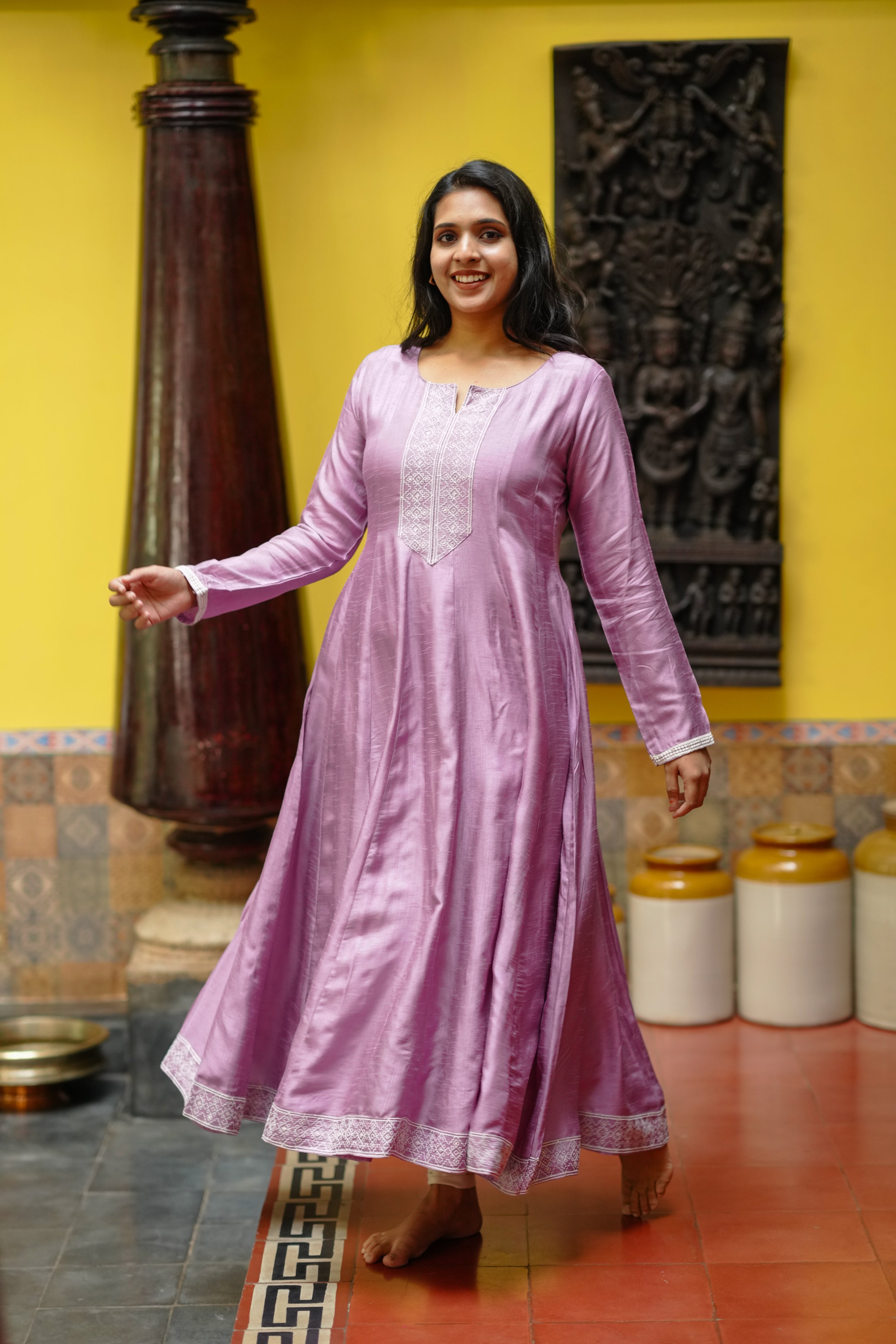 lavender art silk flared anarkali for daily wear
comfortable art silk kurti with chikankari embroidery
soft flared kurti for daily use
casual daily wear anarkali kurti
cotton-silk blend kurti for daily wear