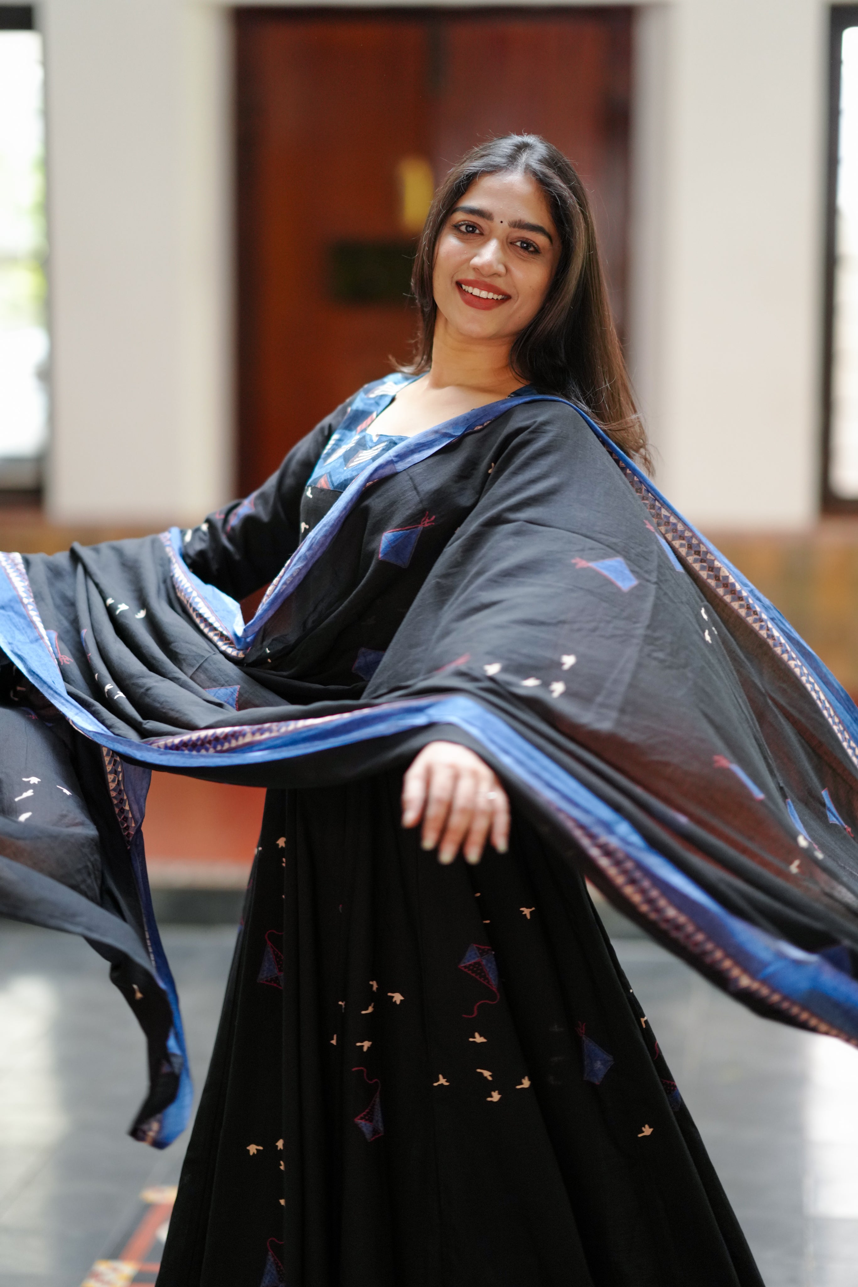 black indigo cotton kurti set for office
elegant handblock yoke anarkali kurti
formal cotton kurti with side pocket
professional kurti set with matching dupatta
office wear cotton anarkali for women