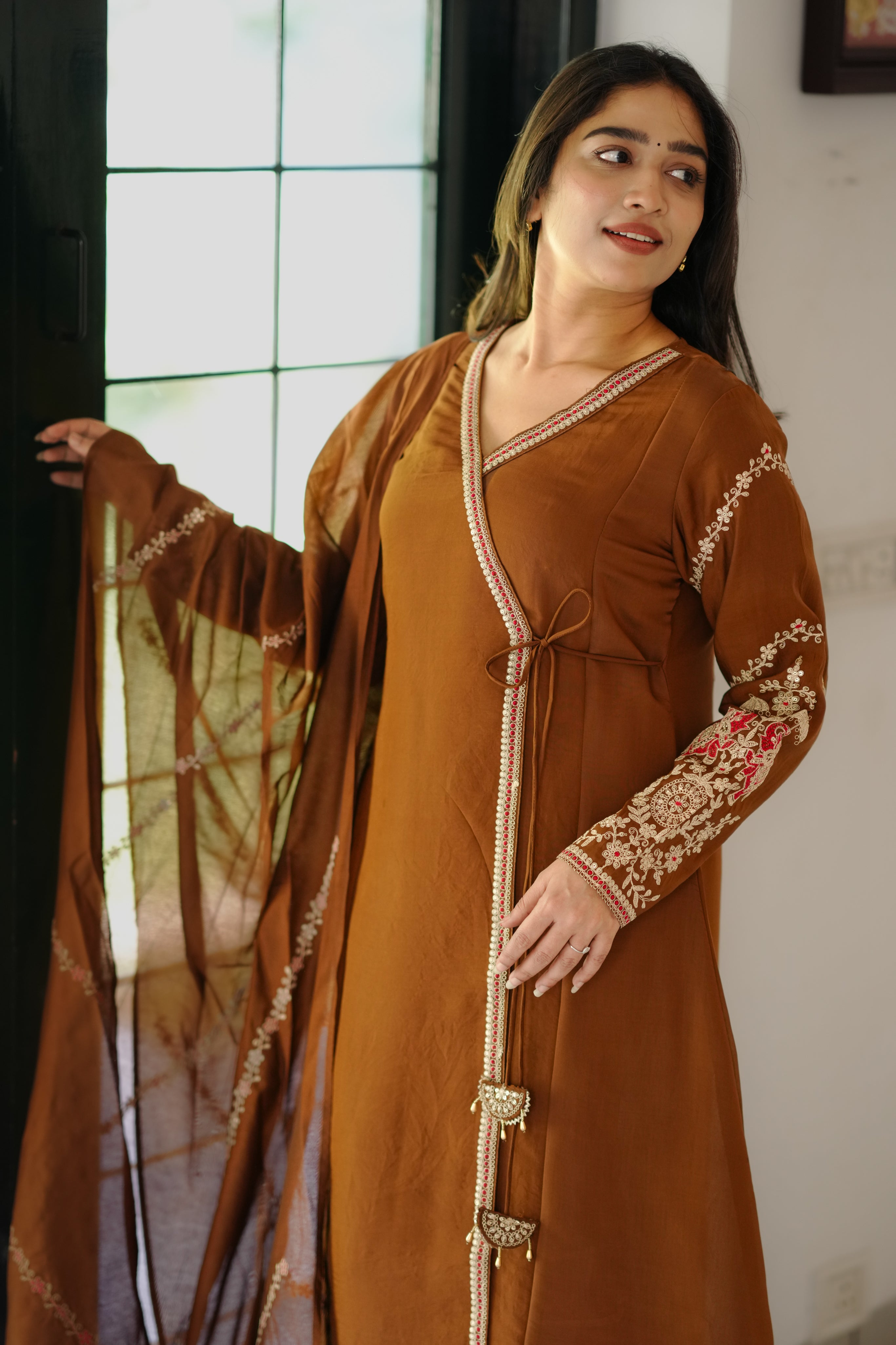 v neck angrakha a line kurti with dupatta