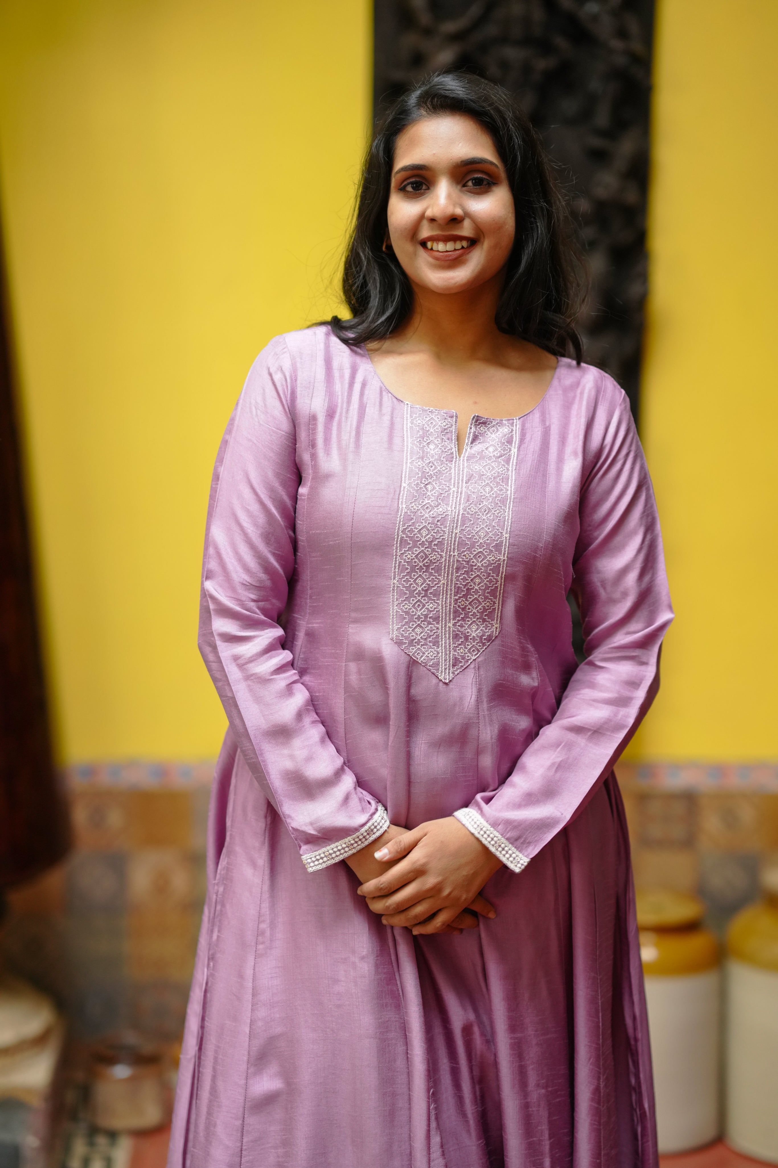 lavender art silk kurti set for office
elegant flared anarkali with chikankari
formal art silk kurti for office
professional kurti set with embroidery
stylish office wear flared kurti