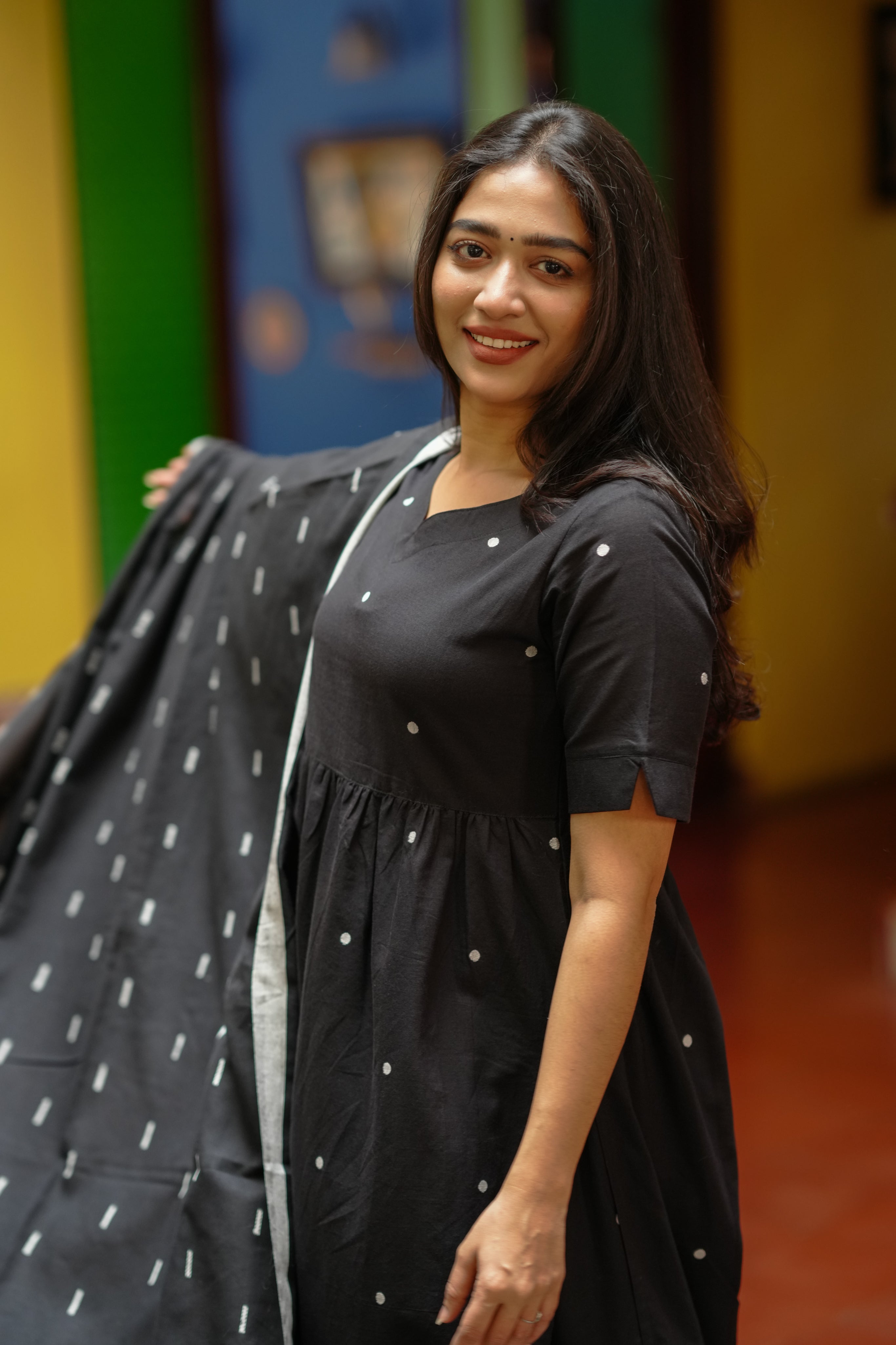 festive black cotton kurti set with palazzo
party wear warli print kurti