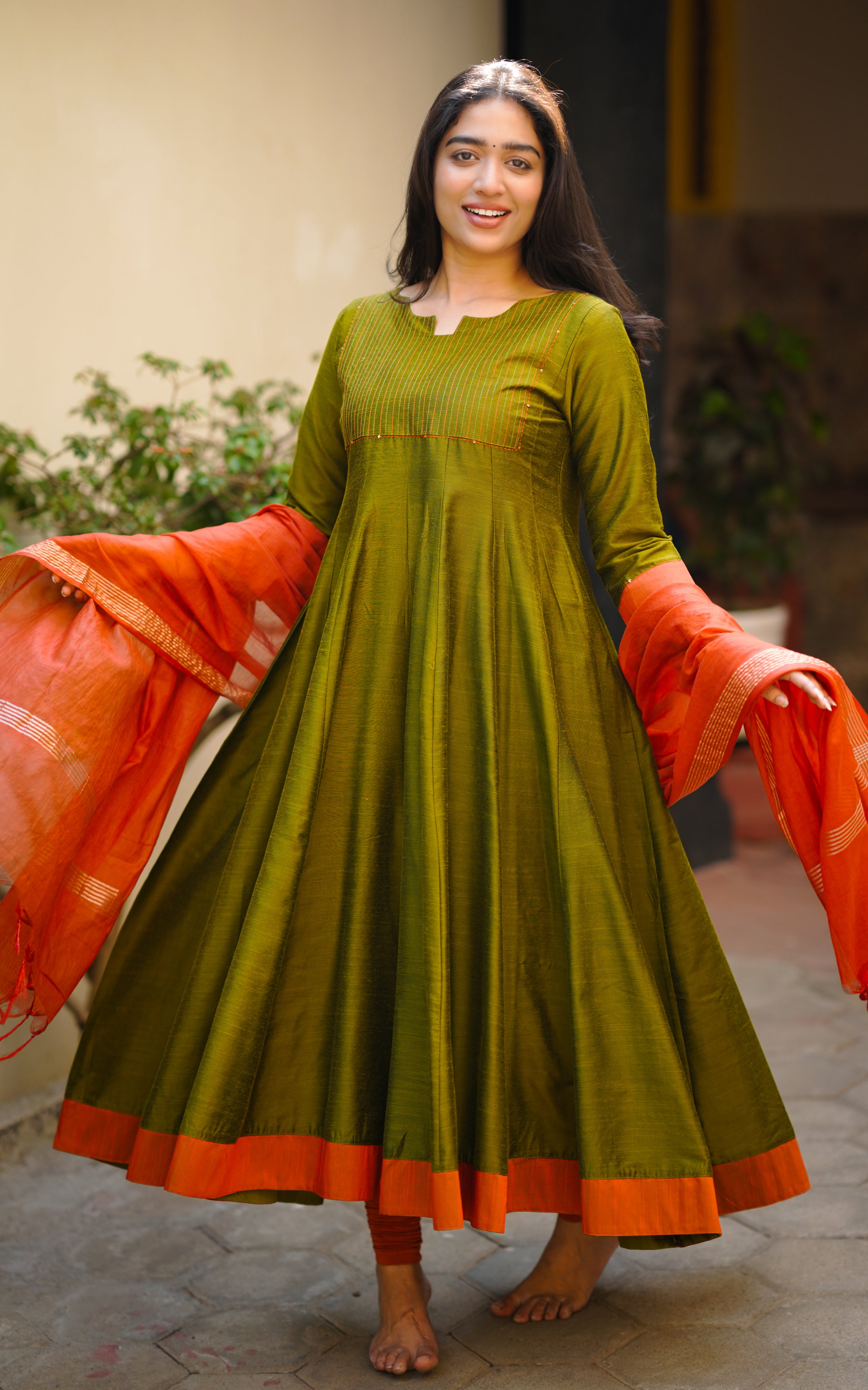 Olive Green Anarkali Kurti with Contrast Border & Dupatta