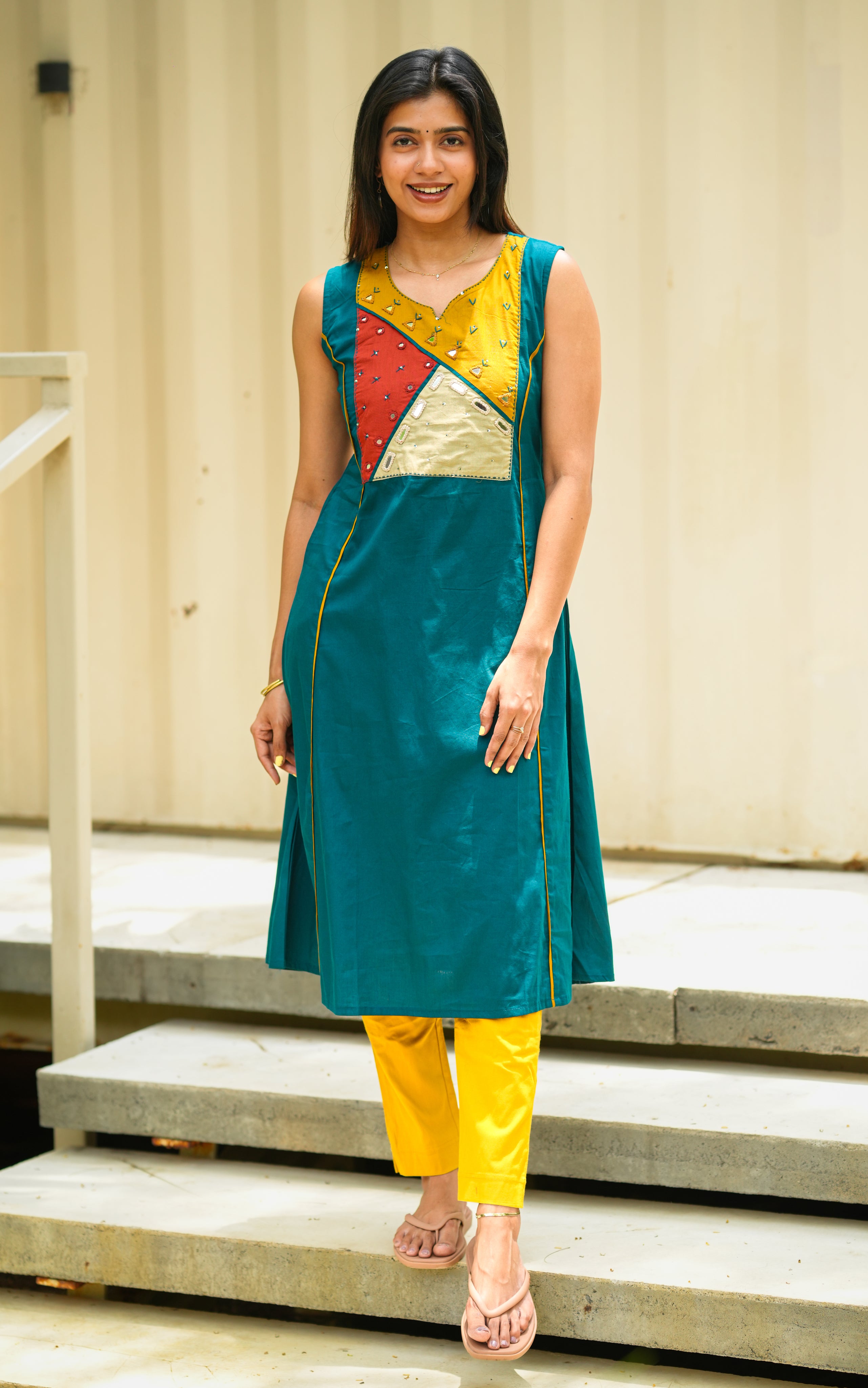 Teal green cotton kurti with mirror embroidery for women
