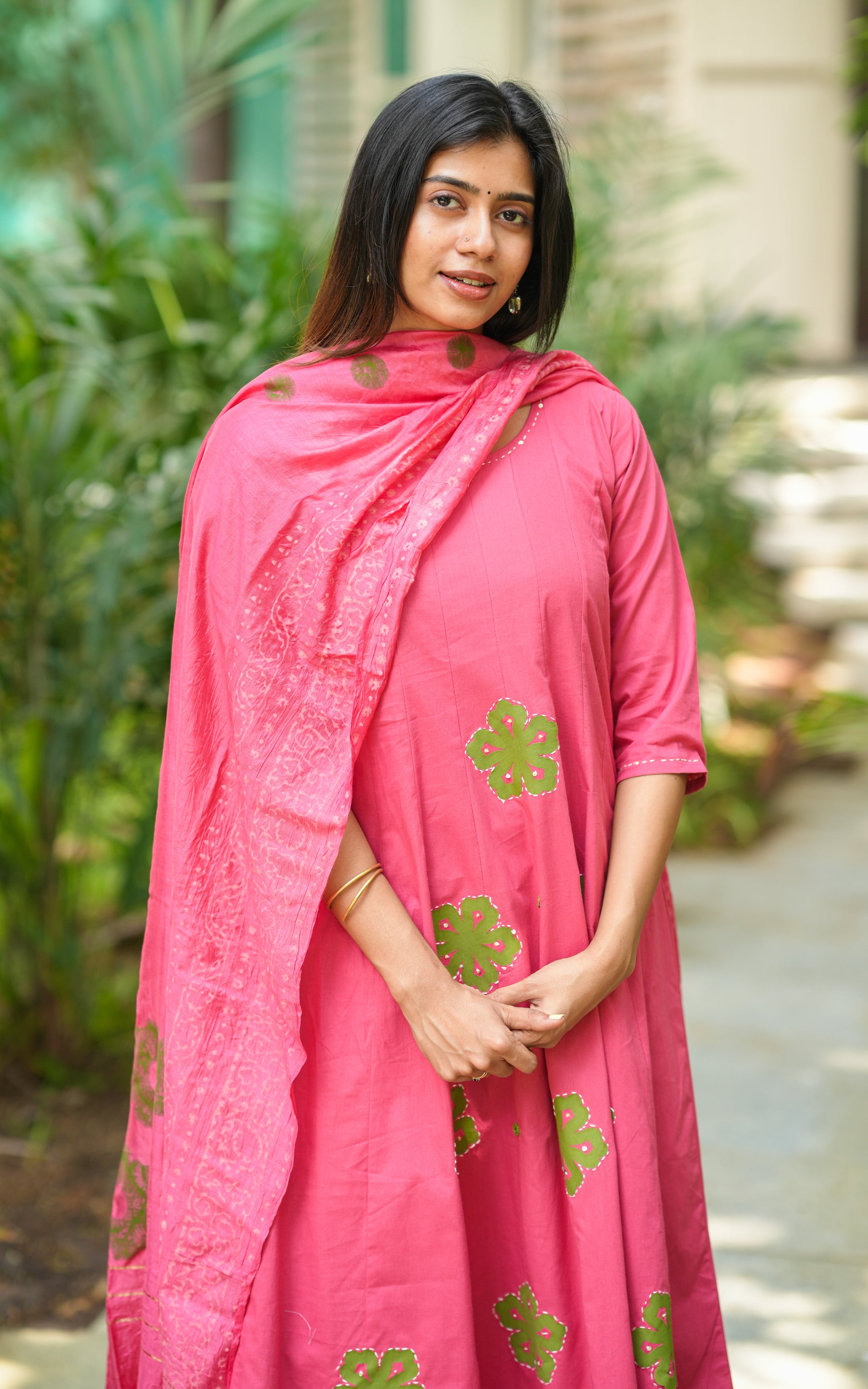 Rose pink handblock printed Anarkali for women
