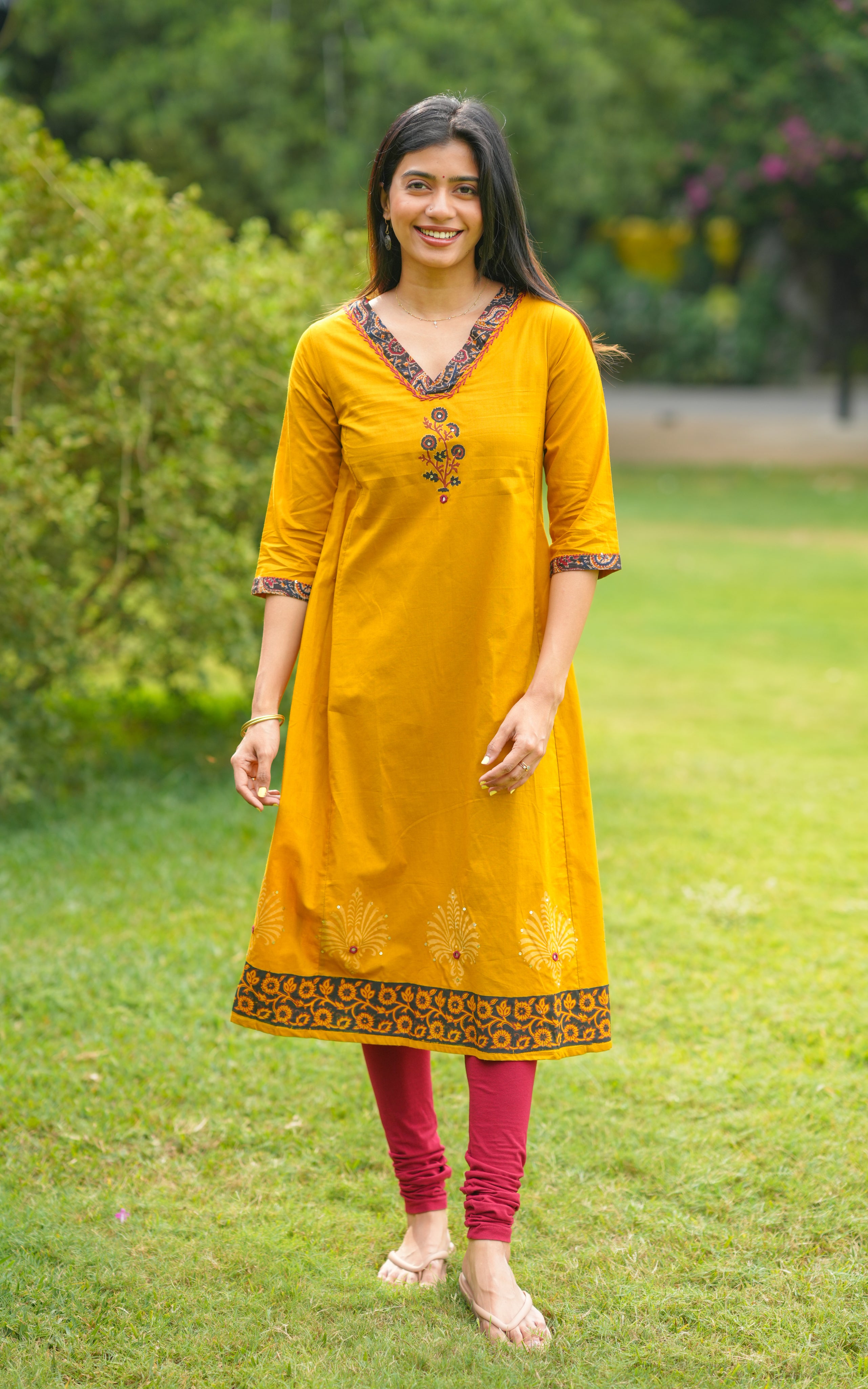 Mustard straight cut cotton kurti for women