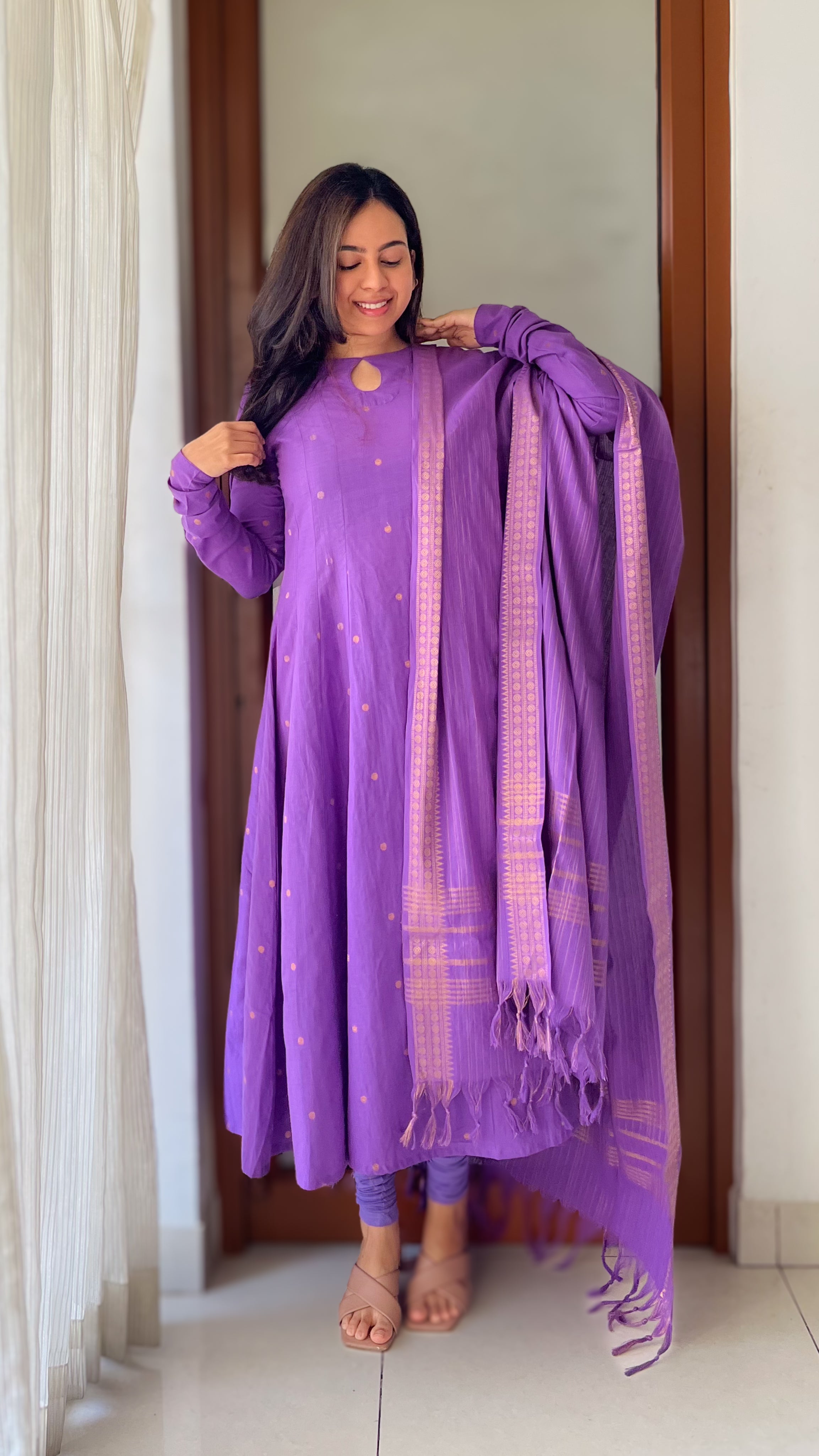 Instore - Violet Color South Cotton Anarkali Kurti with Dupatta, Gathered Sleeves
