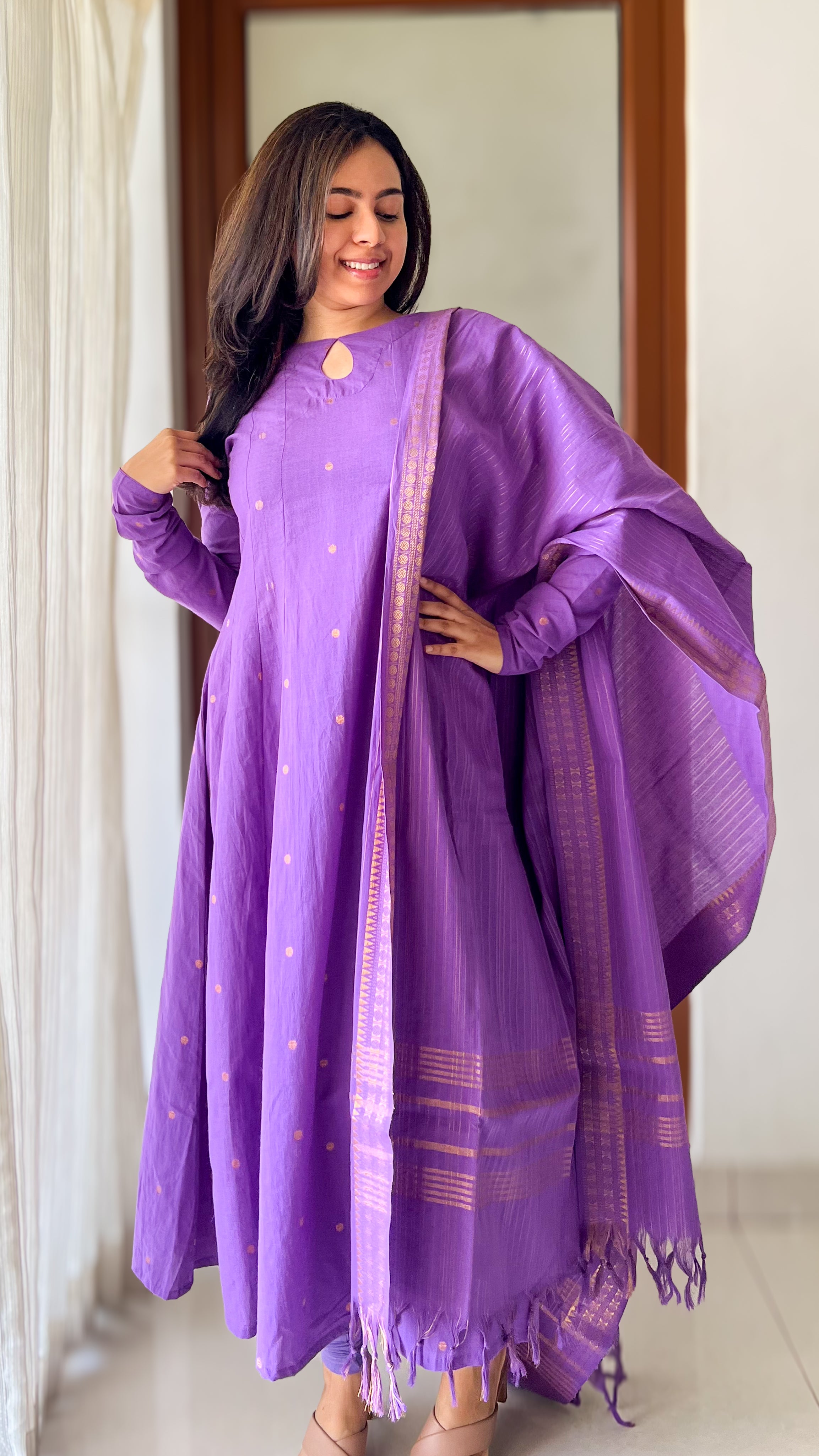Instore - Violet Color South Cotton Anarkali Kurti with Dupatta, Gathered Sleeves