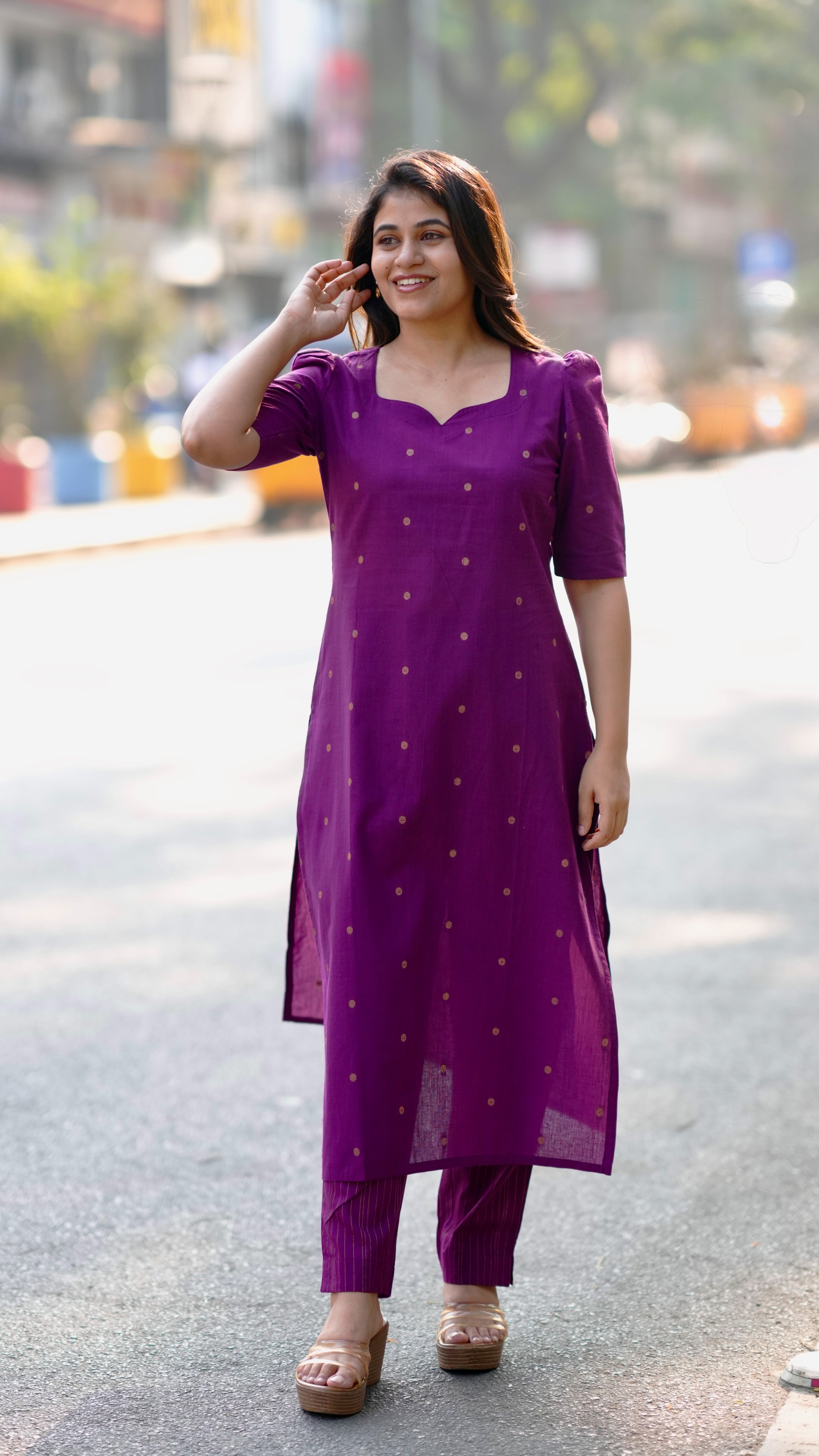 Purple Cotton Office Wear Kurti Set
Elegant Cotton Office Wear Kurti