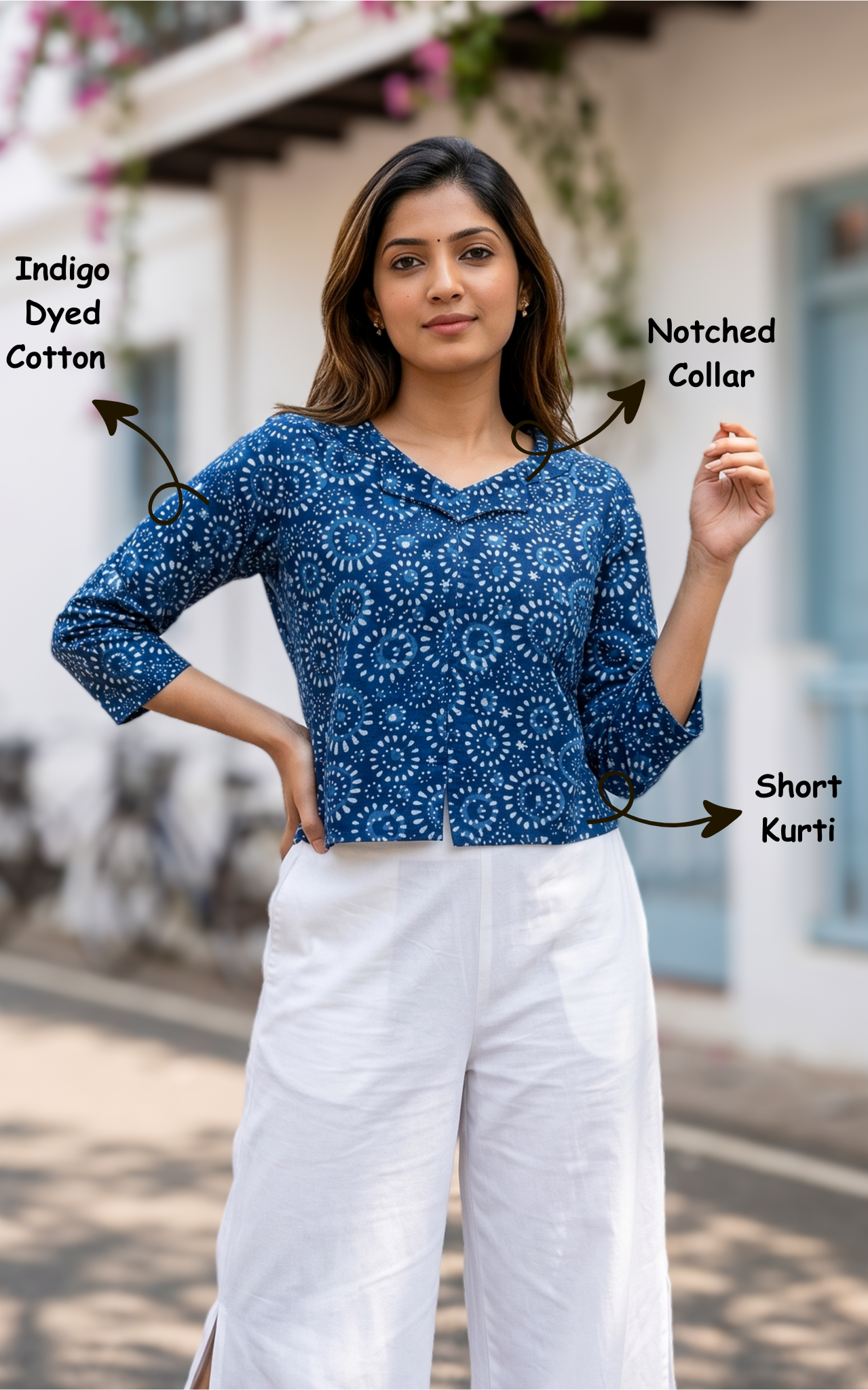 Instore - Indigo Dyed Cotton Printed Notched Collar Short Kurti, No Lining