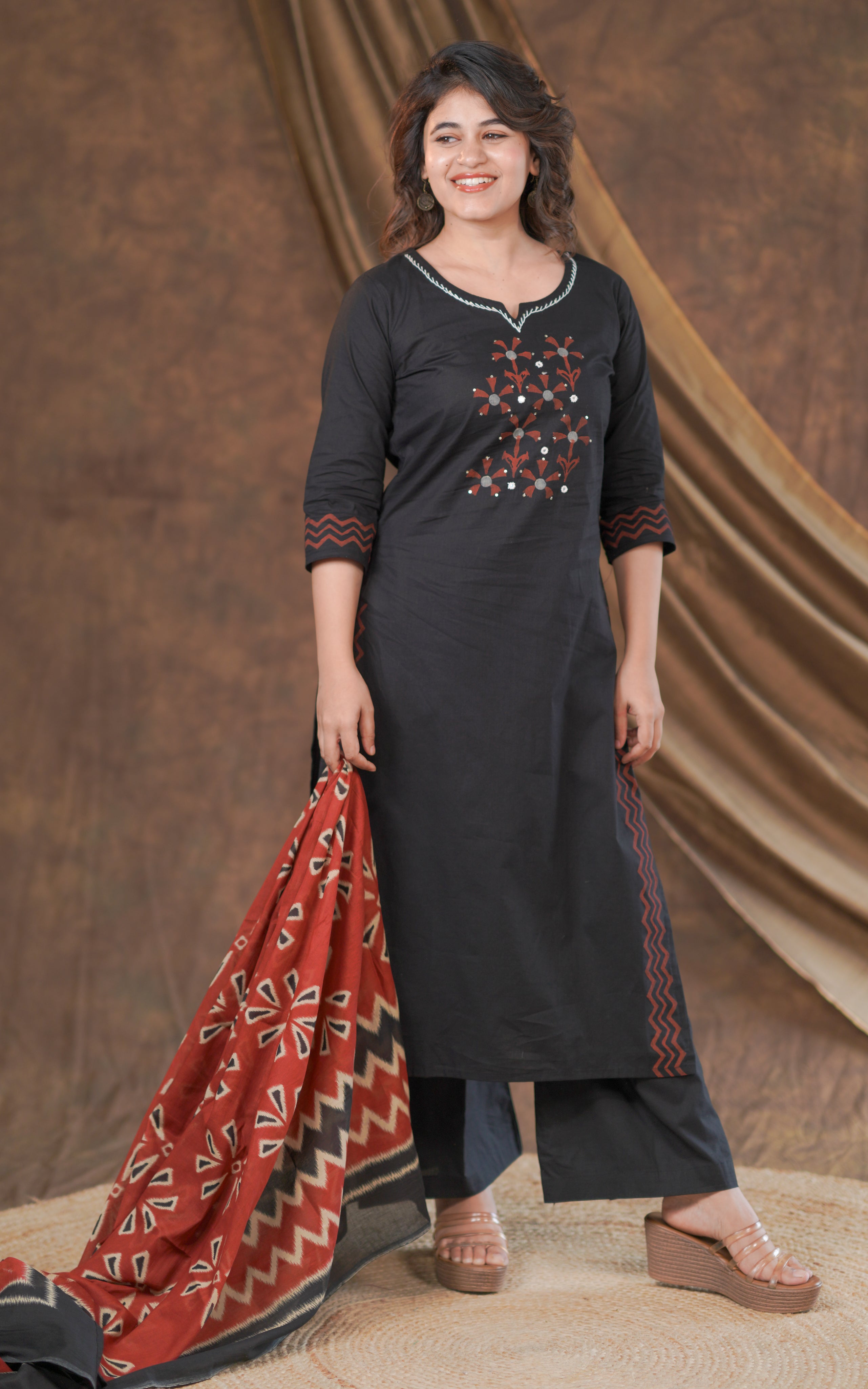 straight cut kurti with dupatta and pants