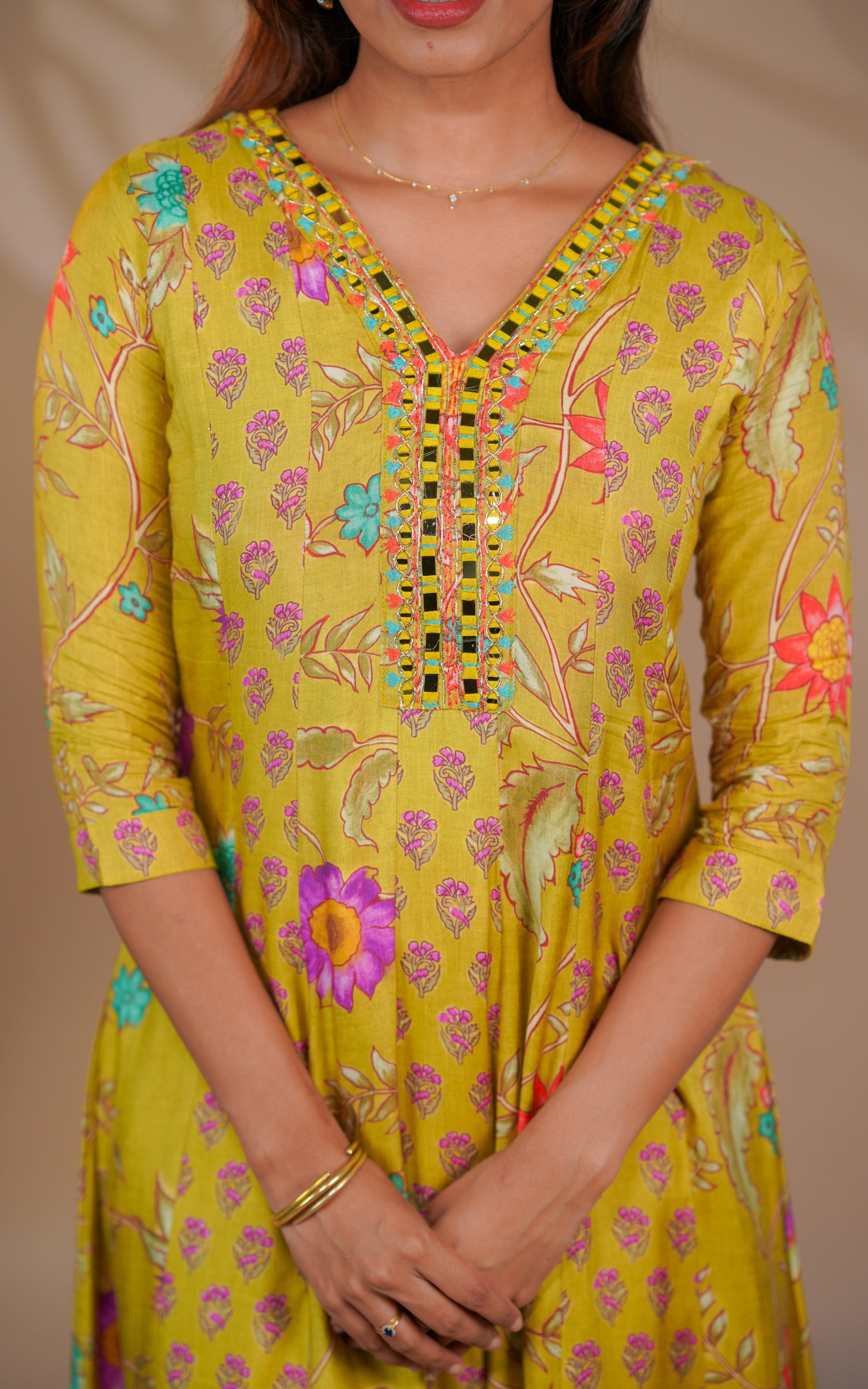 Lemon yellow color anarkali for women