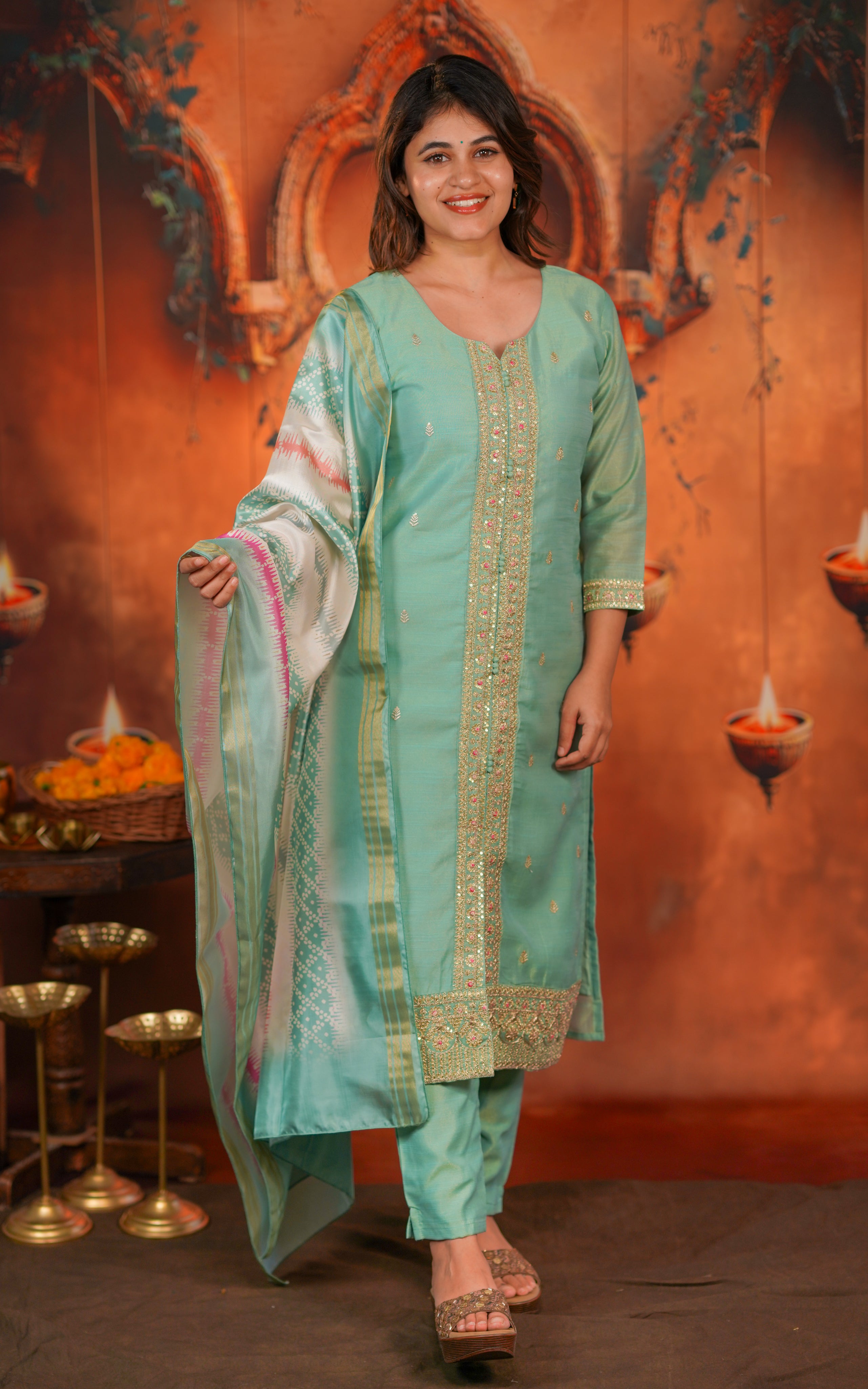 3/4th sleeve straight cut kurti sets for women