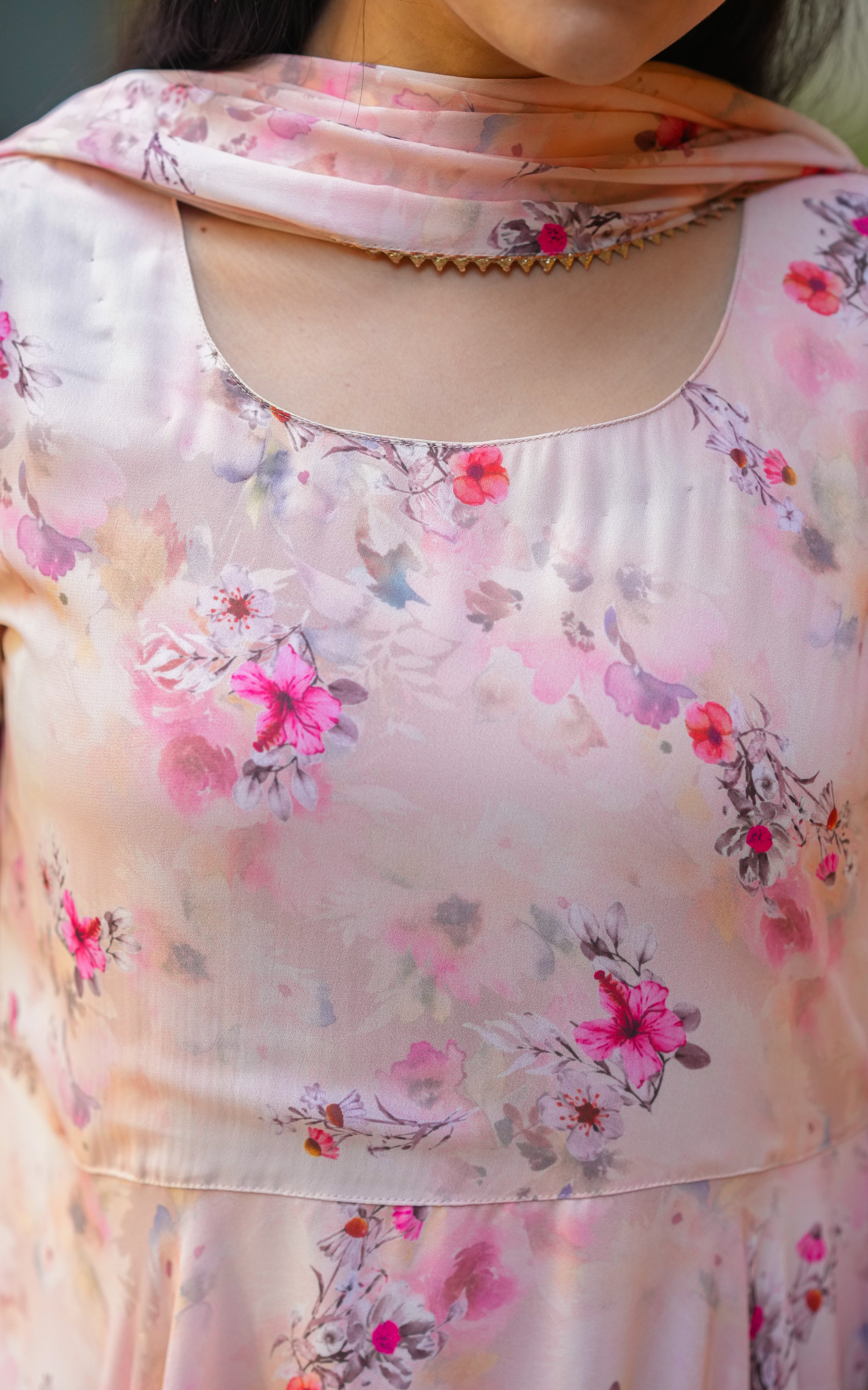 Instore - Peach Color Georgette Full Flared Anarkali Kurti with Dupatta and Butter Crepe Lining