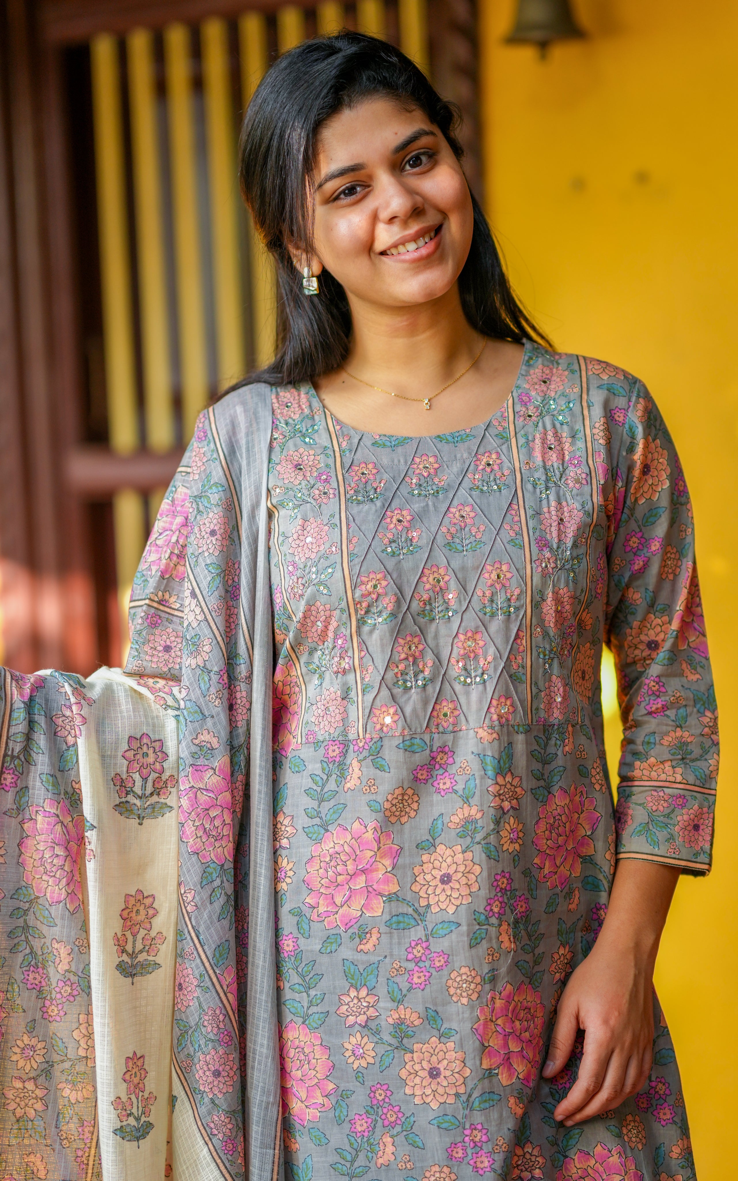 Grey straight cut kurti sets