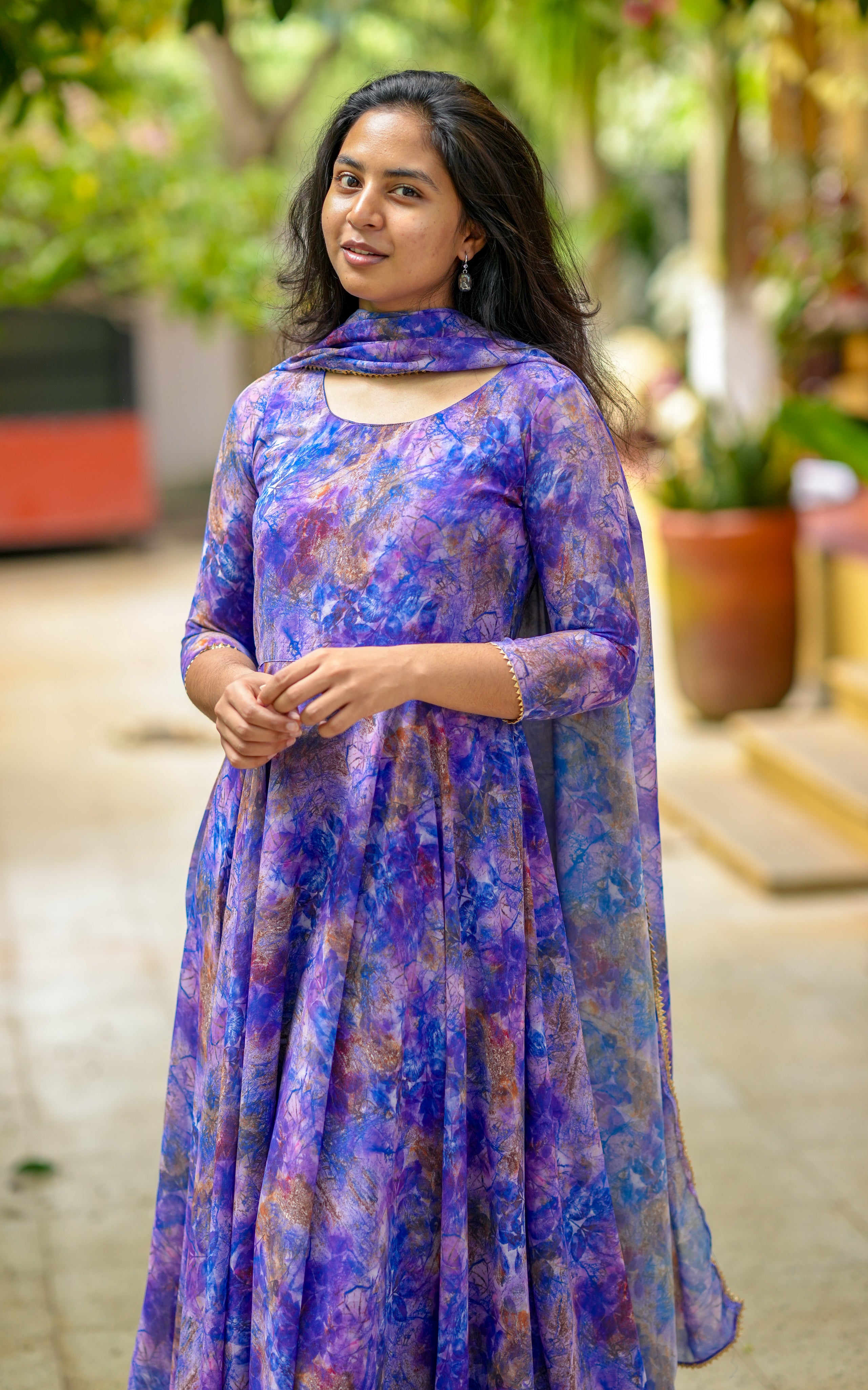 Instore - Purple & Blue Color Georgette Full Flared Anarkali with Dupatta with Butter Crepe Lining