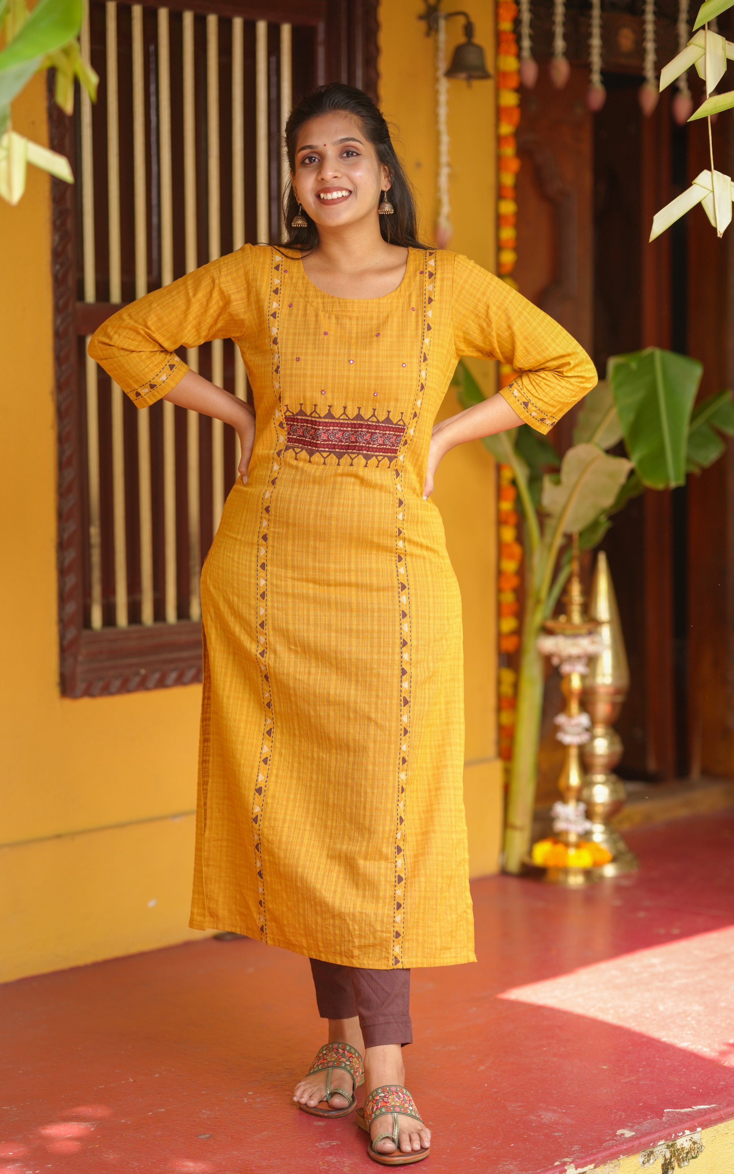 Instore - Mustard Color South Cotton, Printed Straight Cut Kurti with Side Slit with No Lining