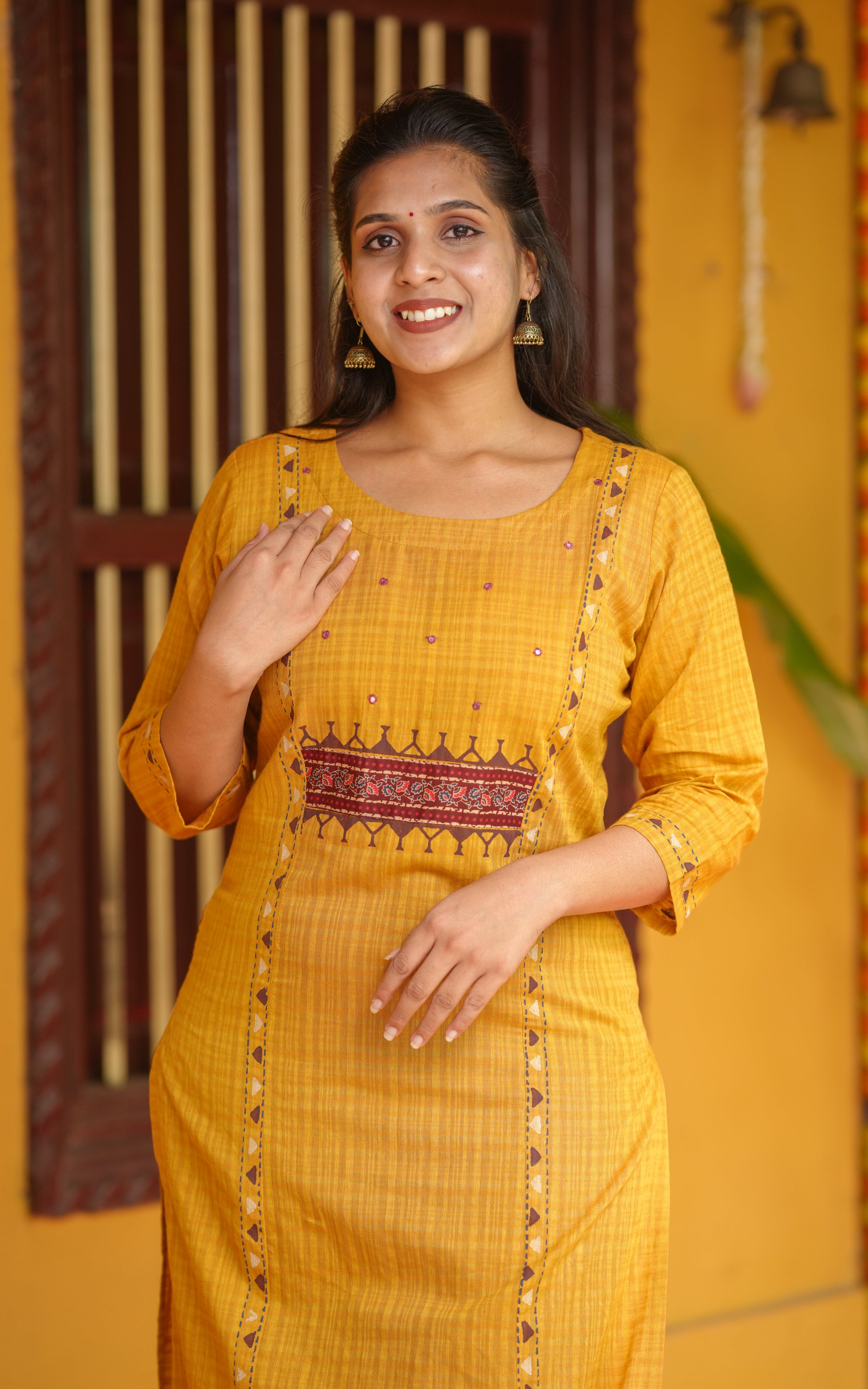 Instore - Mustard Color South Cotton, Printed Straight Cut Kurti with Side Slit with No Lining
