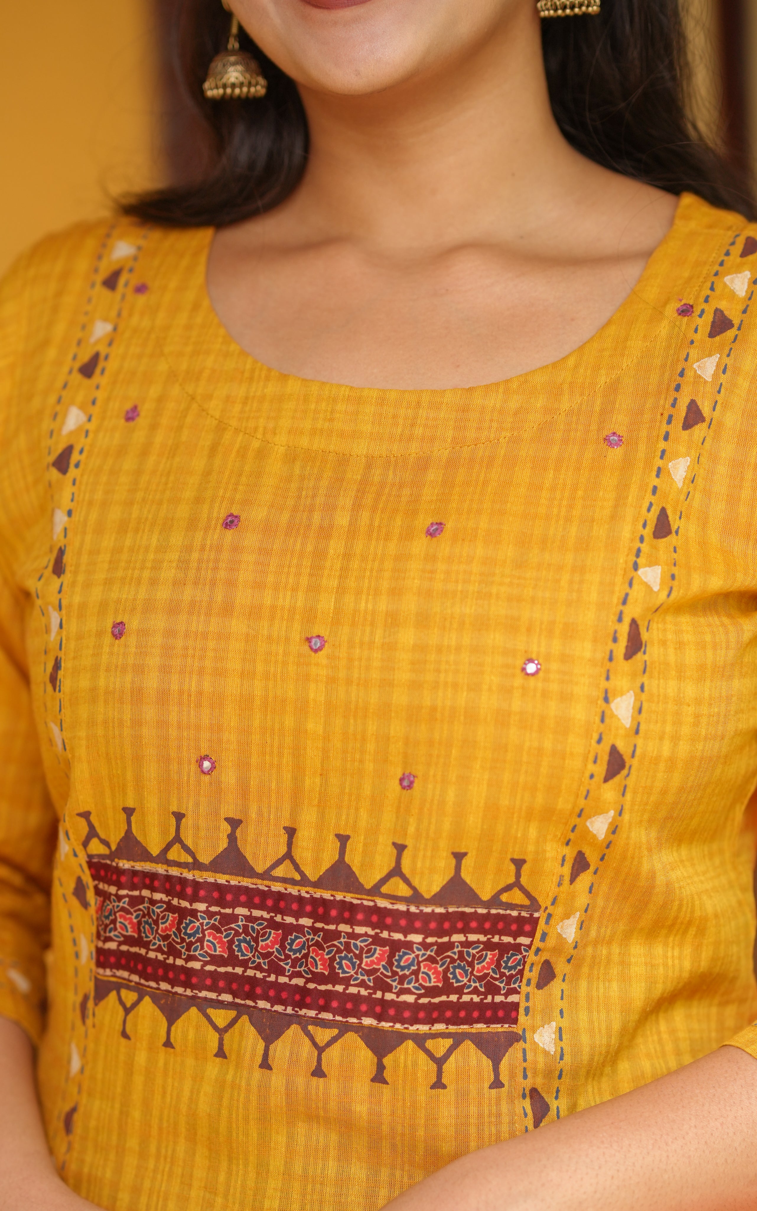 Instore - Mustard Color South Cotton, Printed Straight Cut Kurti with Side Slit with No Lining