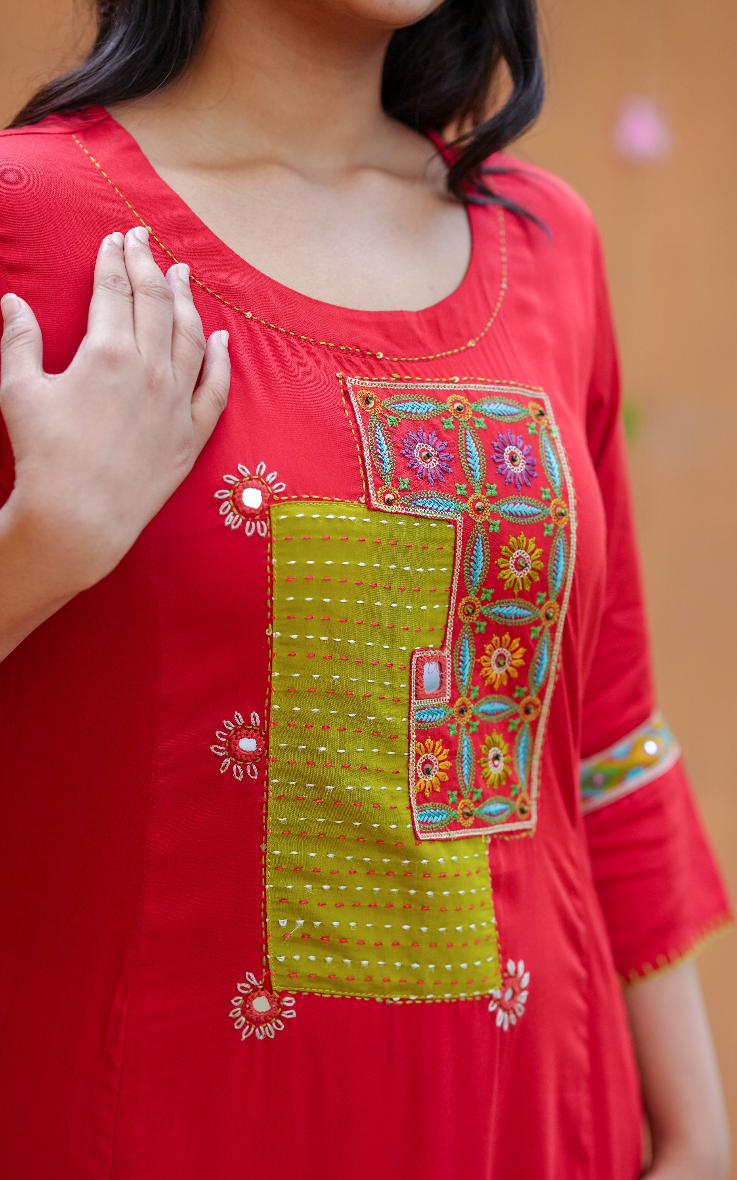 Instore - Bright Red Color Art Silk, Aline Embroidered Kurti with Side Slit & Double Side Pockets & Pant with One Side Pocket