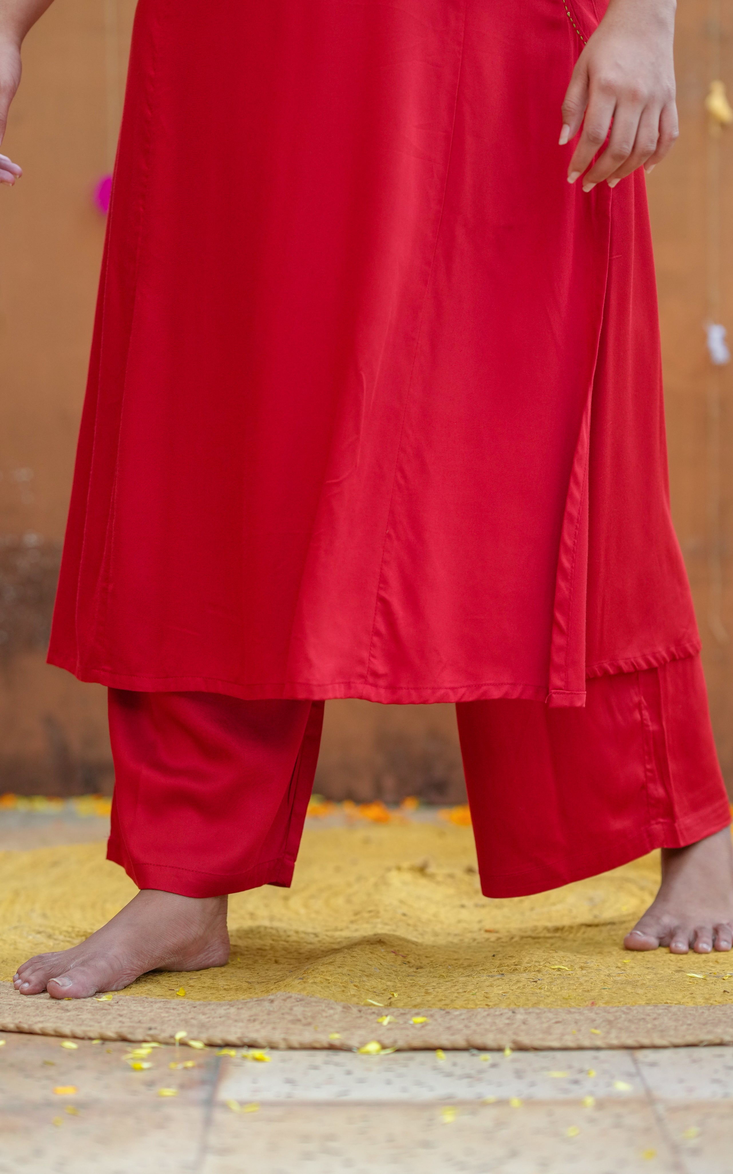 Instore - Bright Red Color Art Silk, Aline Embroidered Kurti with Side Slit & Double Side Pockets & Pant with One Side Pocket