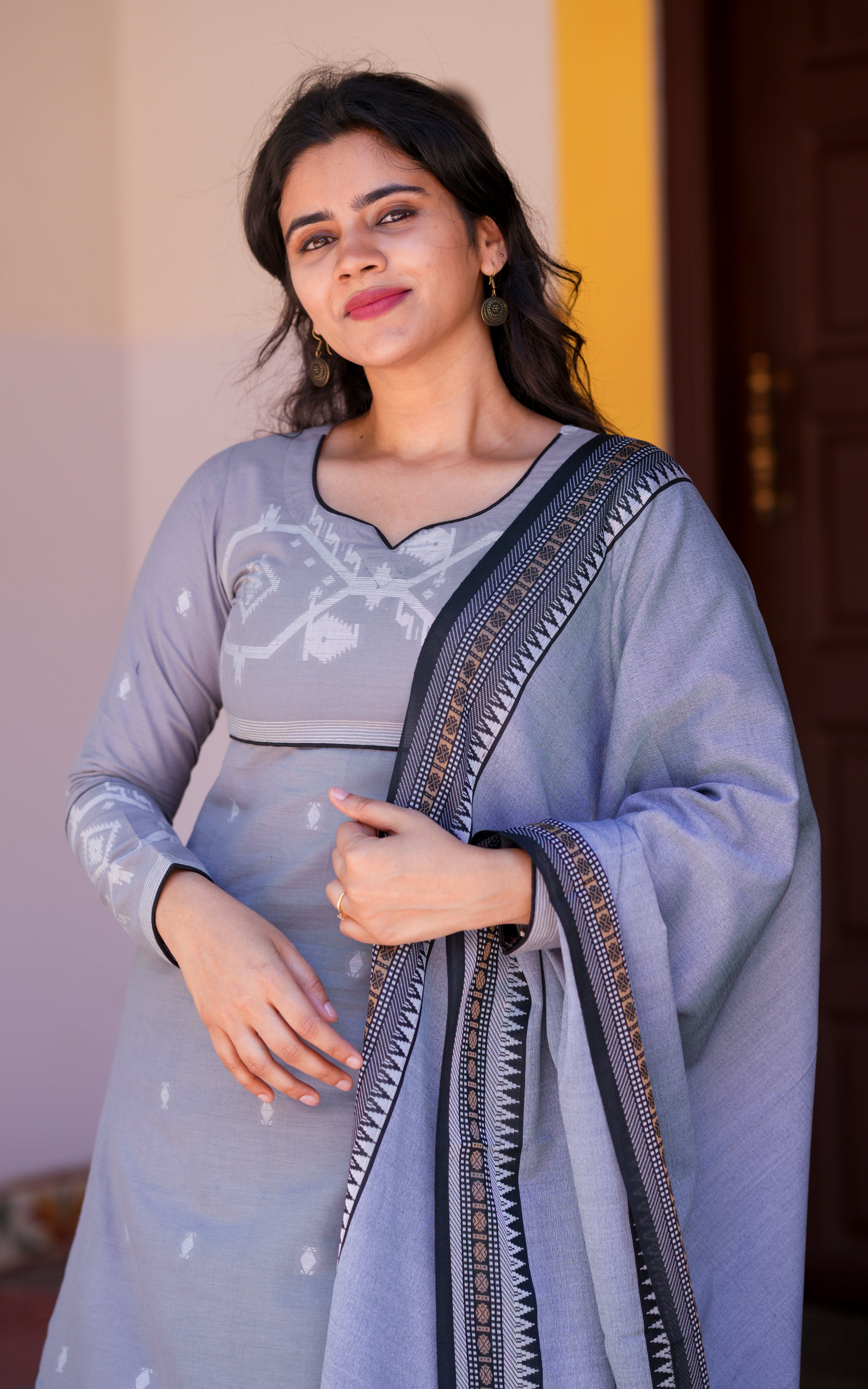 Jamdani cotton straight cut kurti with dupatta