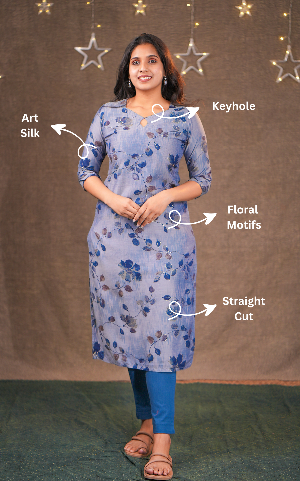 Instore - Light Steel Blue Color Art Silk Keyhole Neckline Straight Cut Kurti with Side Slit & Cotton Lining