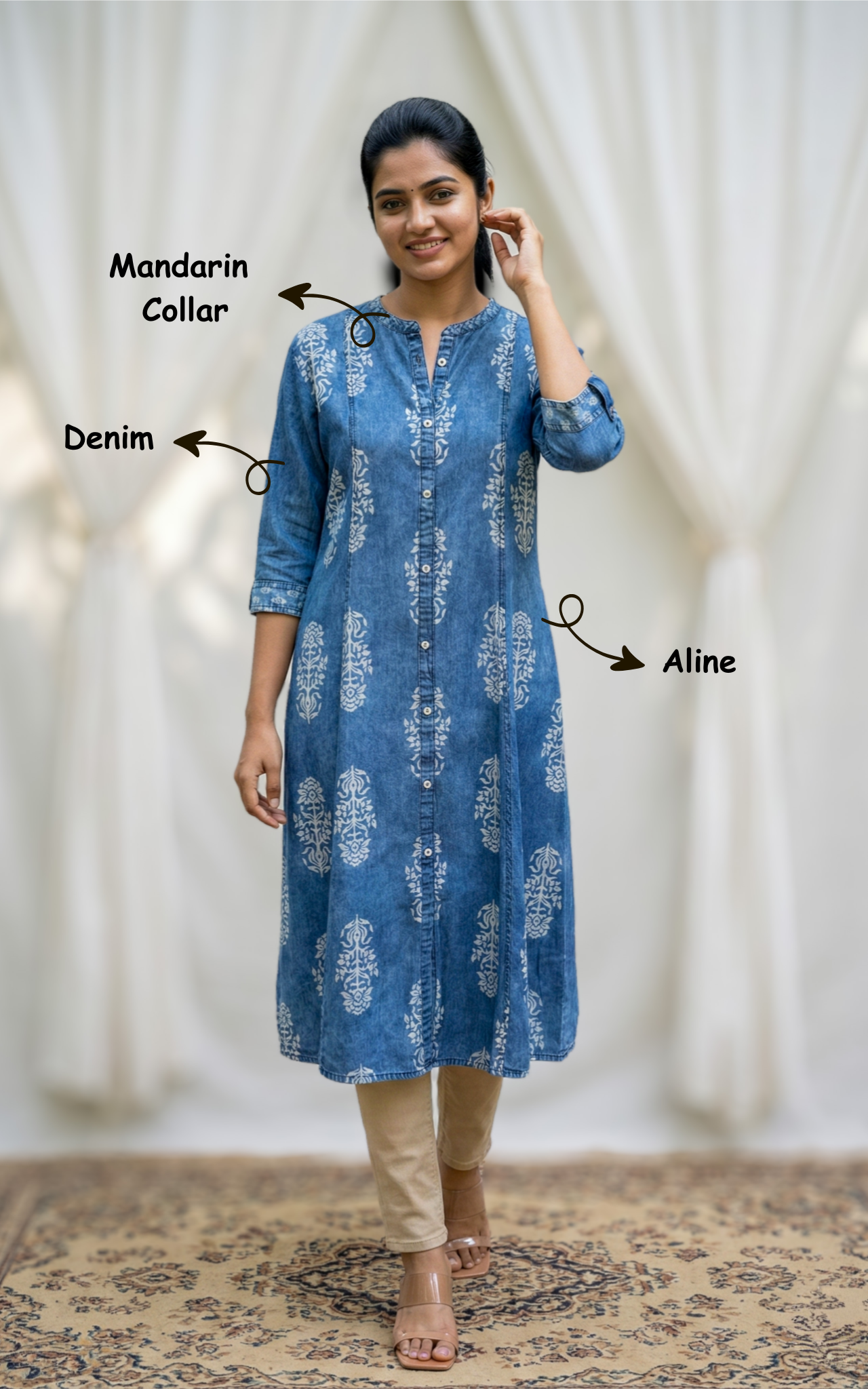stylish denim kurti for college
trendy aline kurti with front slit
modern casual denim kurti with embroidery
fashionable denim kurti with pocket