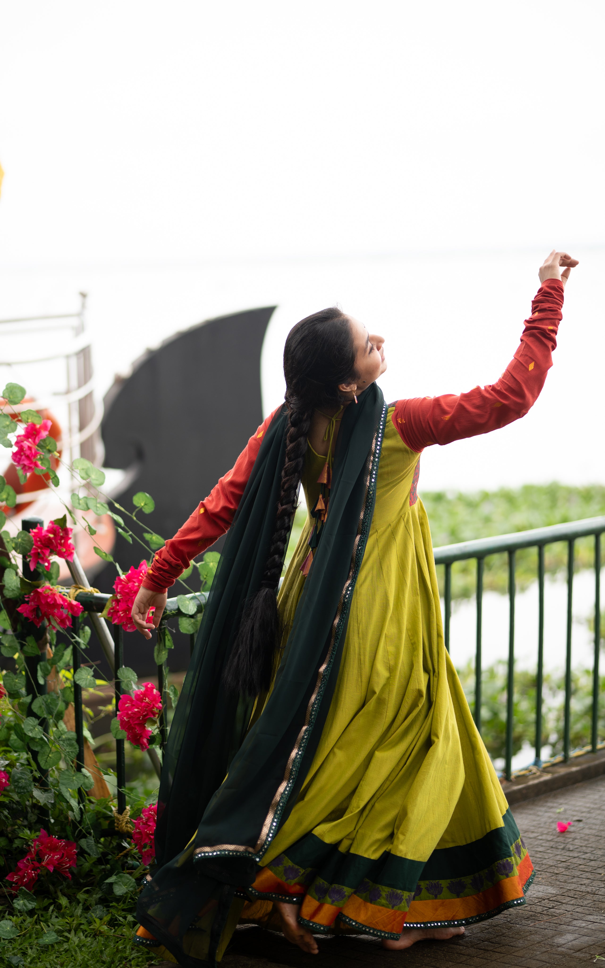 Instore - Green Color South Cotton Full Flared South Cotton Anarkali Kurti, Gathered Sleeves