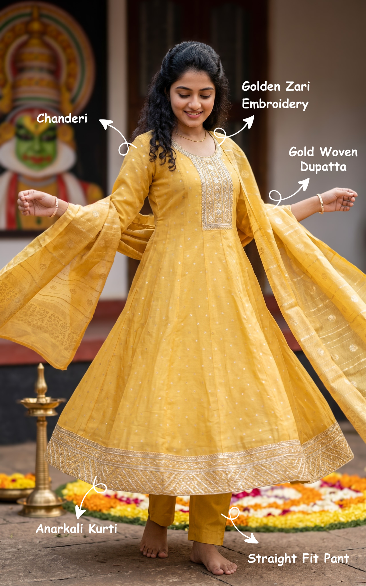 Instore – Yellow Haritham Kurti Pant Dupatta Set for Women – Cotton – Printed – Ethnic Wear