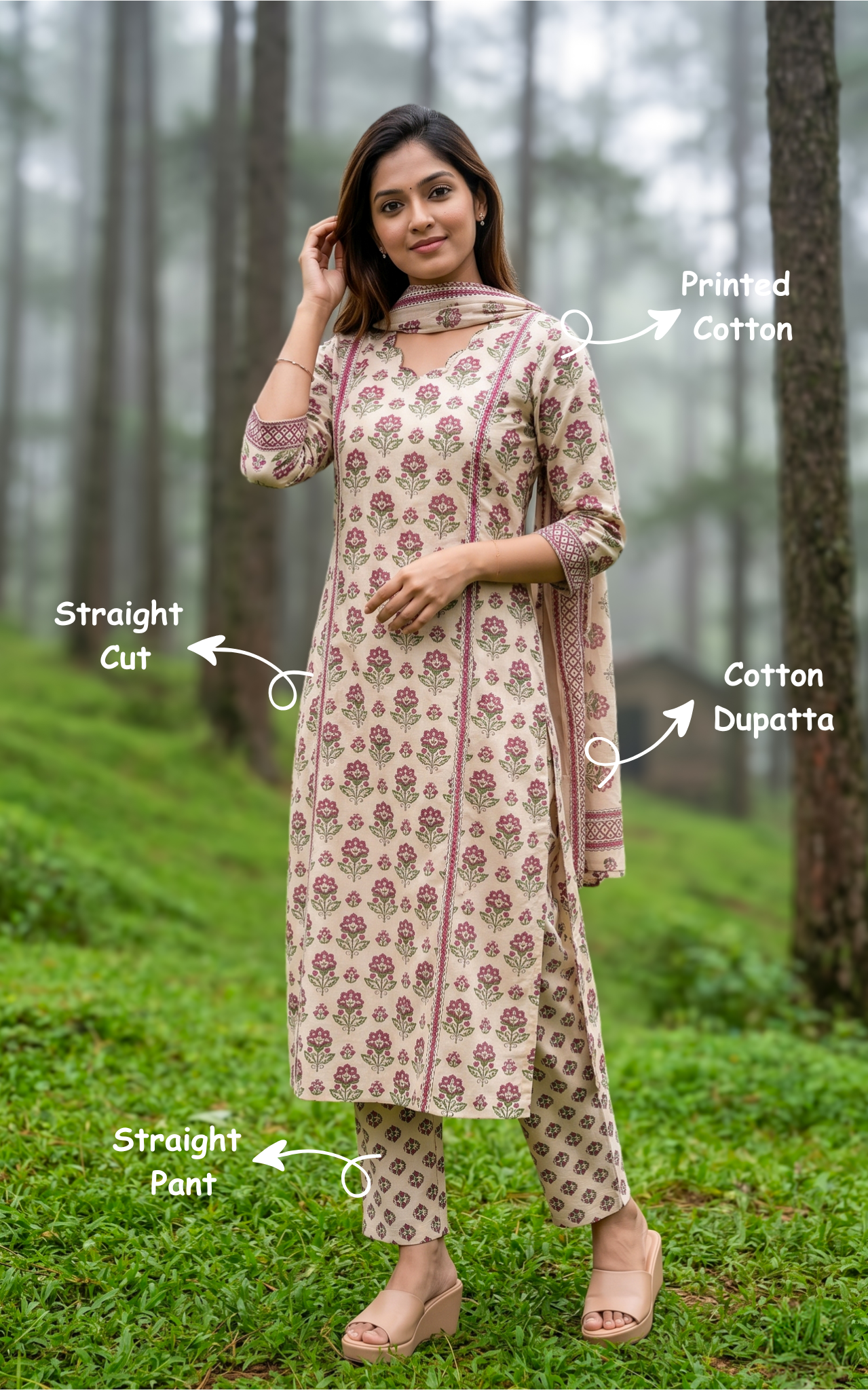 Instore - Beige Printed Cotton Straight Cut Kurti with Side Slit, Straight Pant with Side Pocket & Cotton Dupatta, No Lining