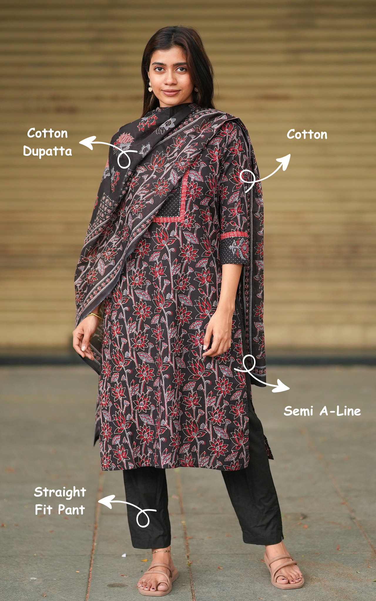 Instore – Black Swathi Kurti Pant Dupatta Set for Women – Cotton – Semi A-Line – Ethnic Wear