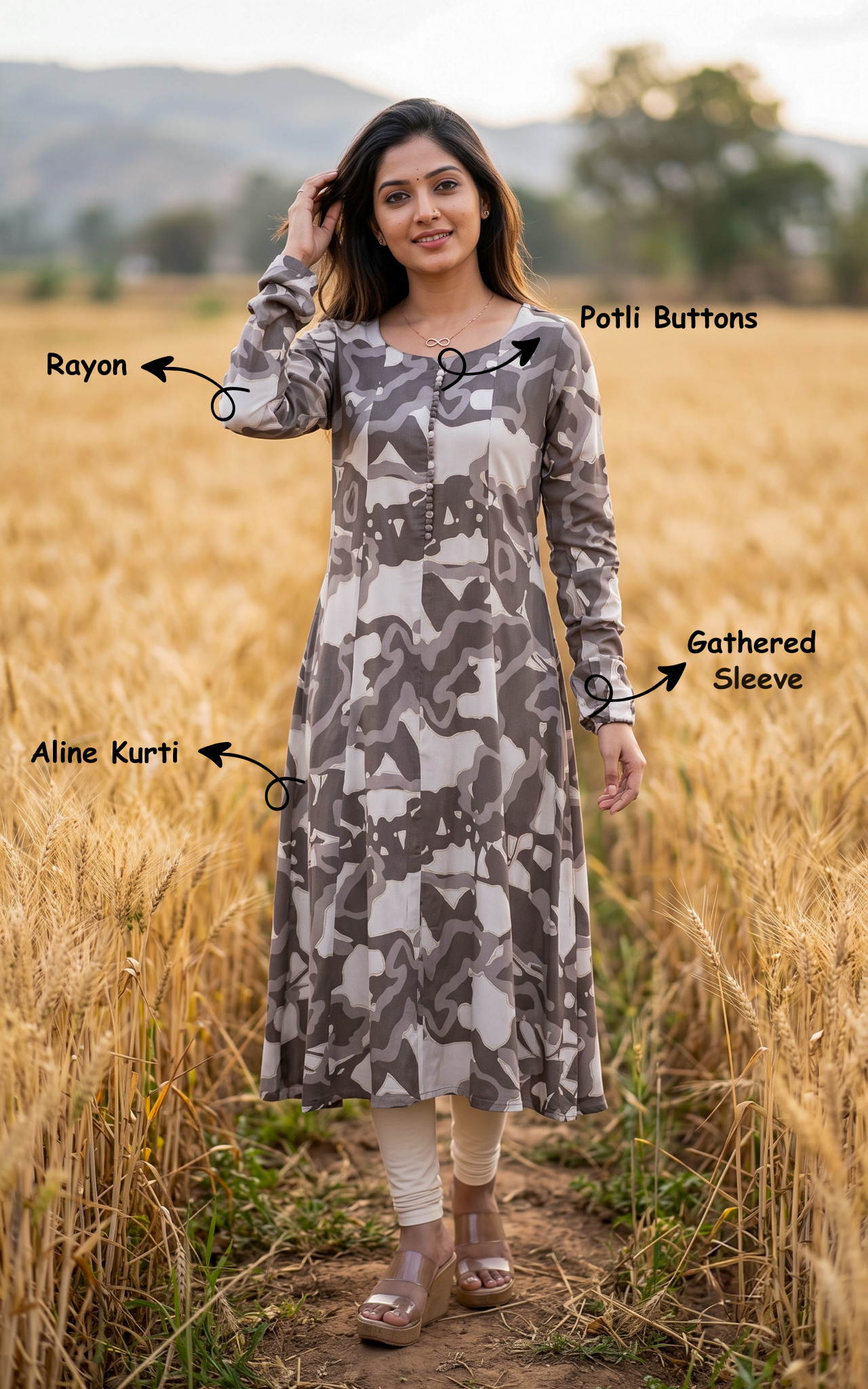 Grey Rayon Gathered Sleeve Kurti for Women