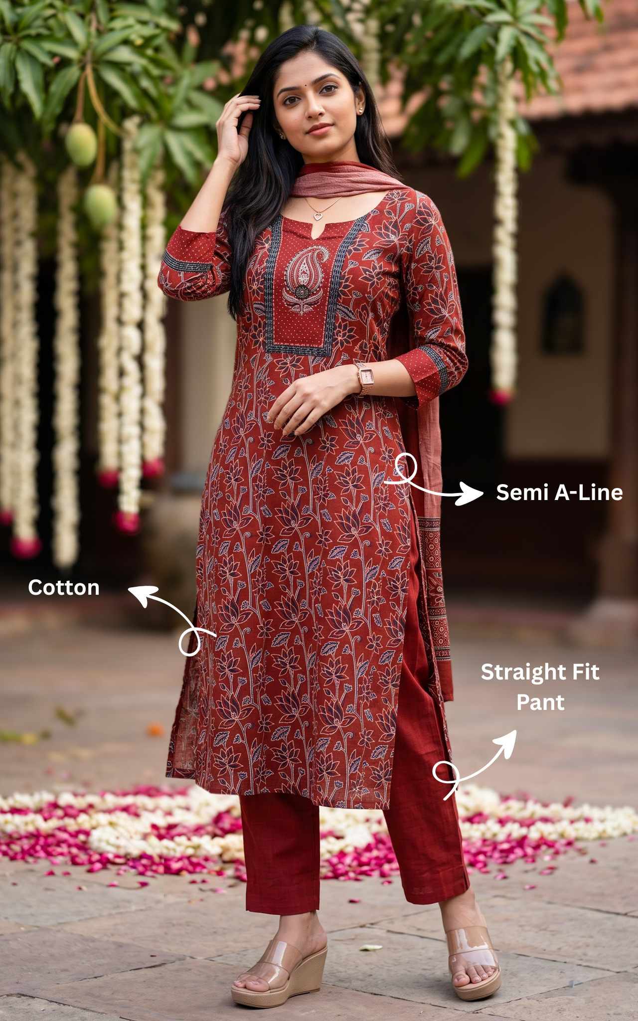 Instore – Maroon Swathi Kurti Pant Dupatta Set for Women – Georgette – Printed – Ethnic Wear