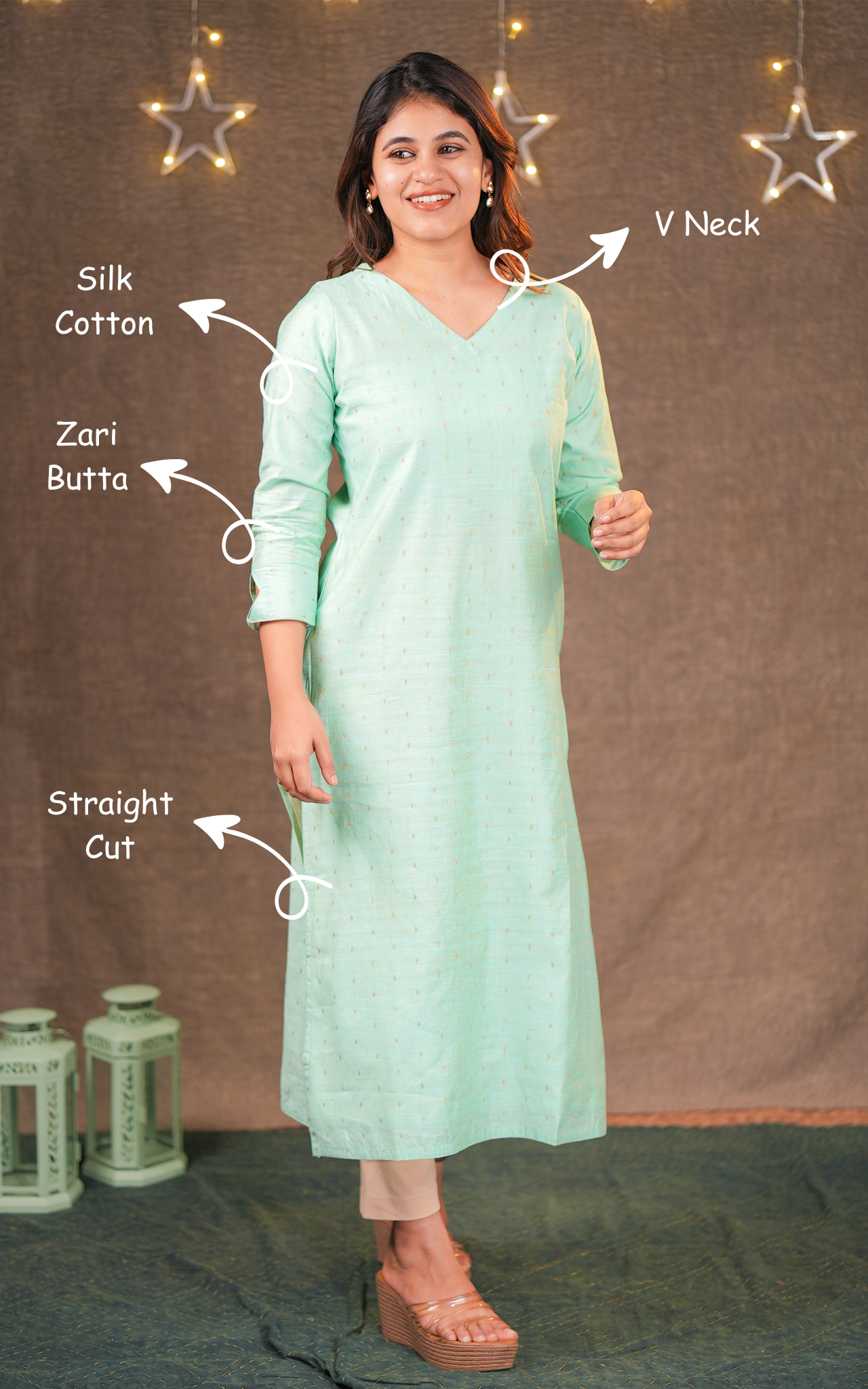 Green color straight cut kurti for women