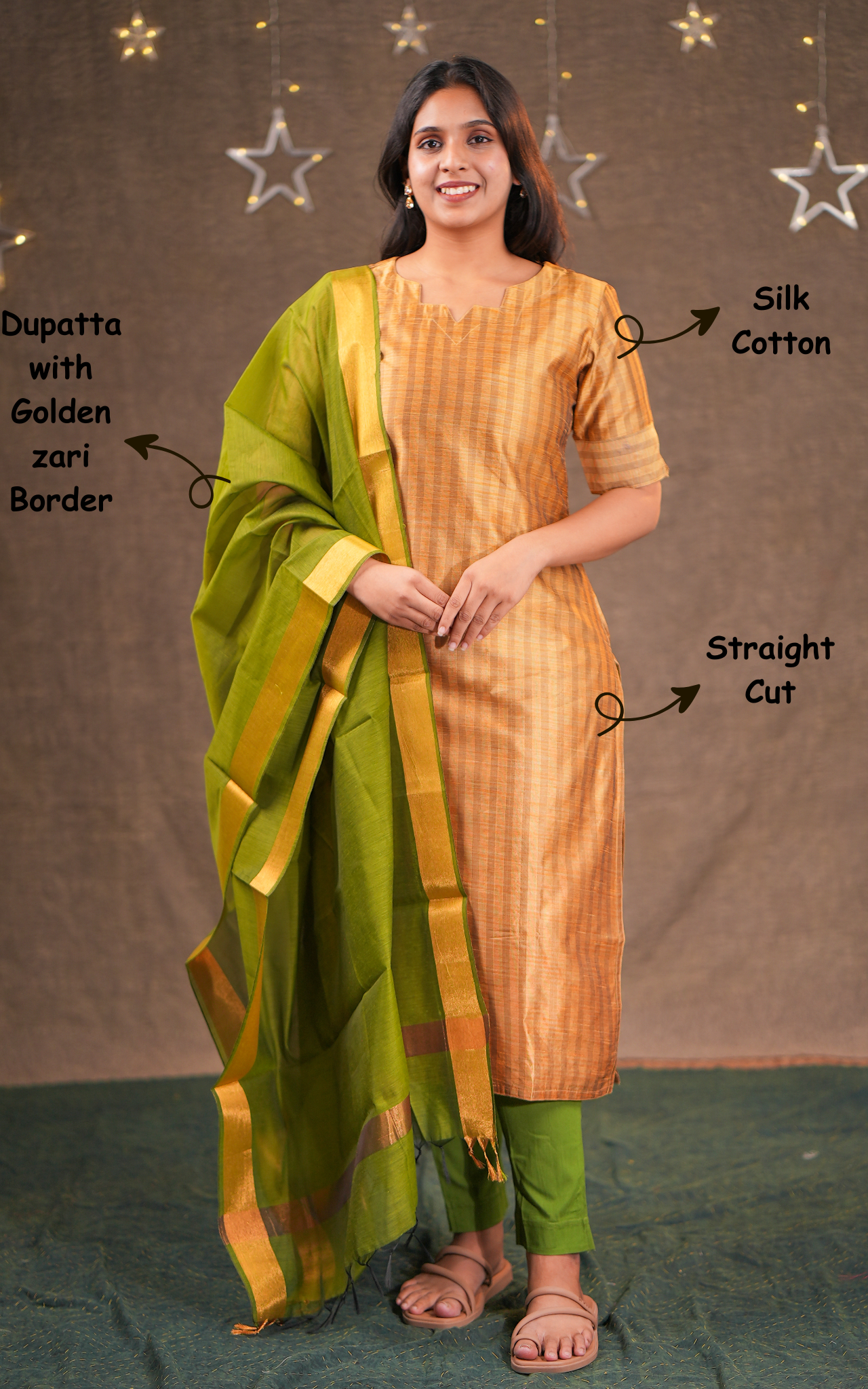 Ethnic wear Instore - Gold & Green Color Silk Cotton Straight Cut kurti with side slits paired with a contrast dupatta, No Lining