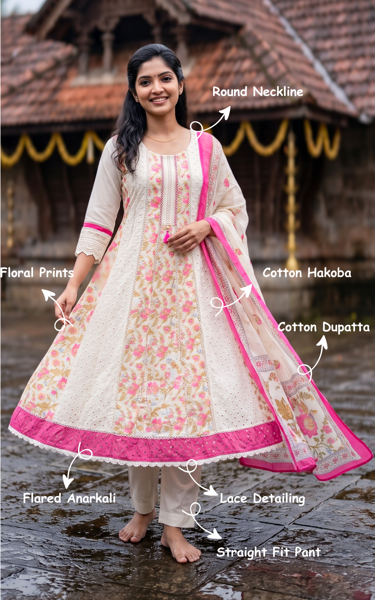 Off White & Pink Cotton Hakoba Kurti Set with Straight Fit Pant for Women