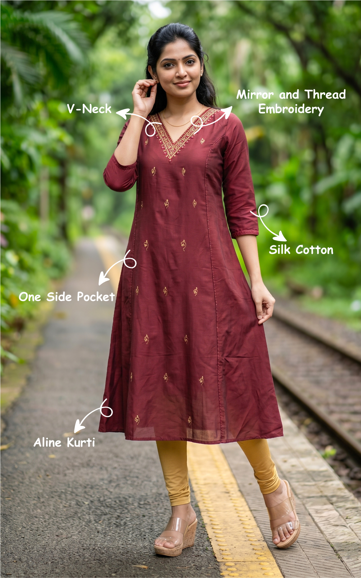 Deep Maroon Silk Cotton Stylish V-Neck Aline Kurti for Women