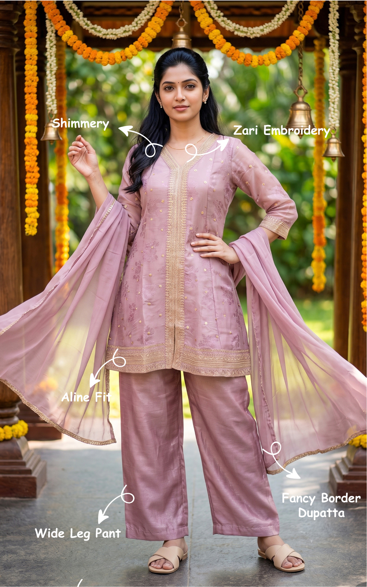 Onion Pink Shimmery Wide Leg Pant with Elastic Waist for Women