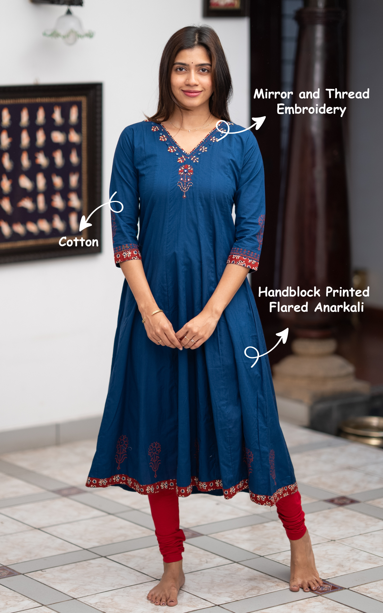 Blue Cotton Designer Flared Anarkali Kurti for Women