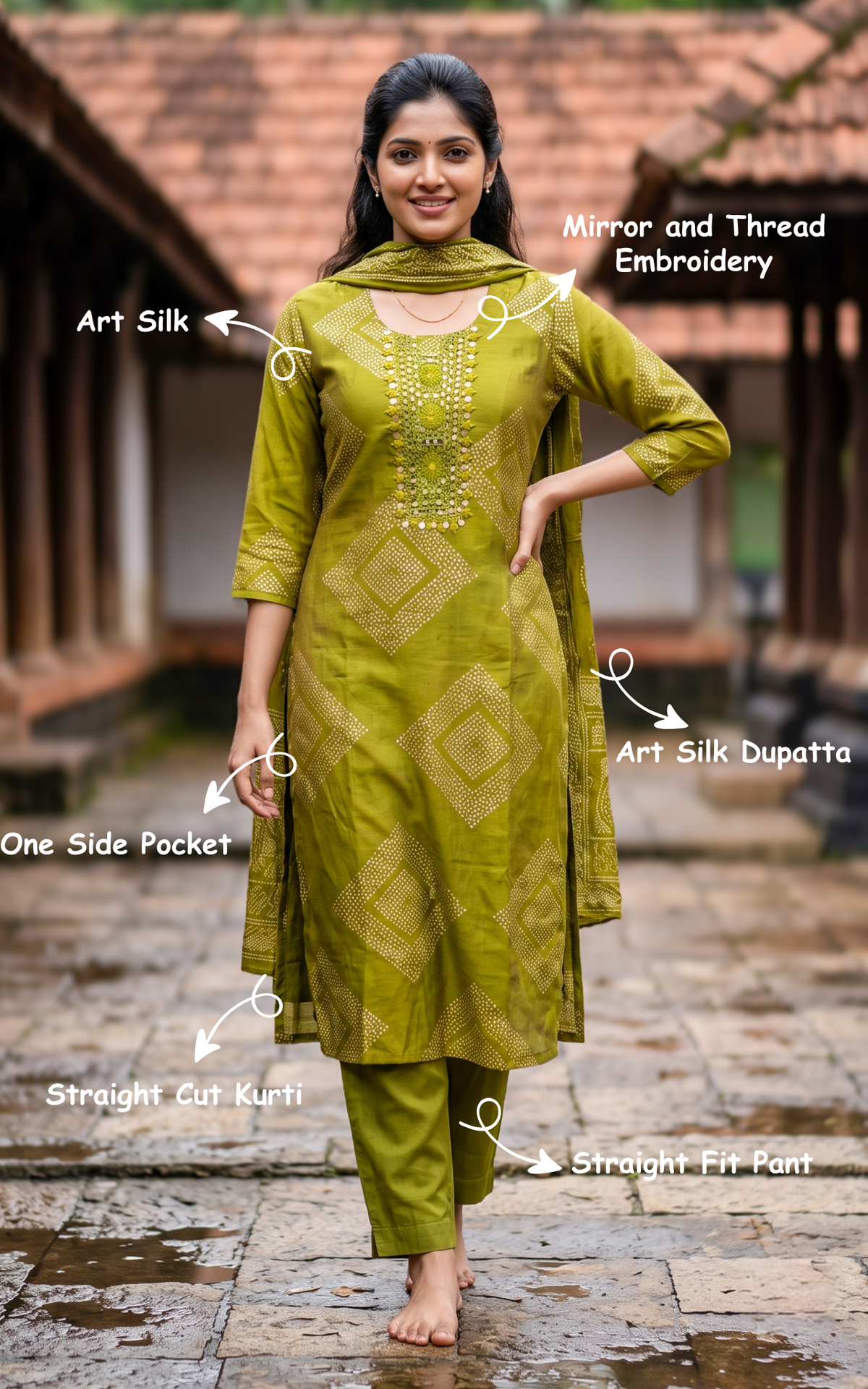 Mehandi Green Art Silk Office Wear Straight Cut Kurti Set for Women