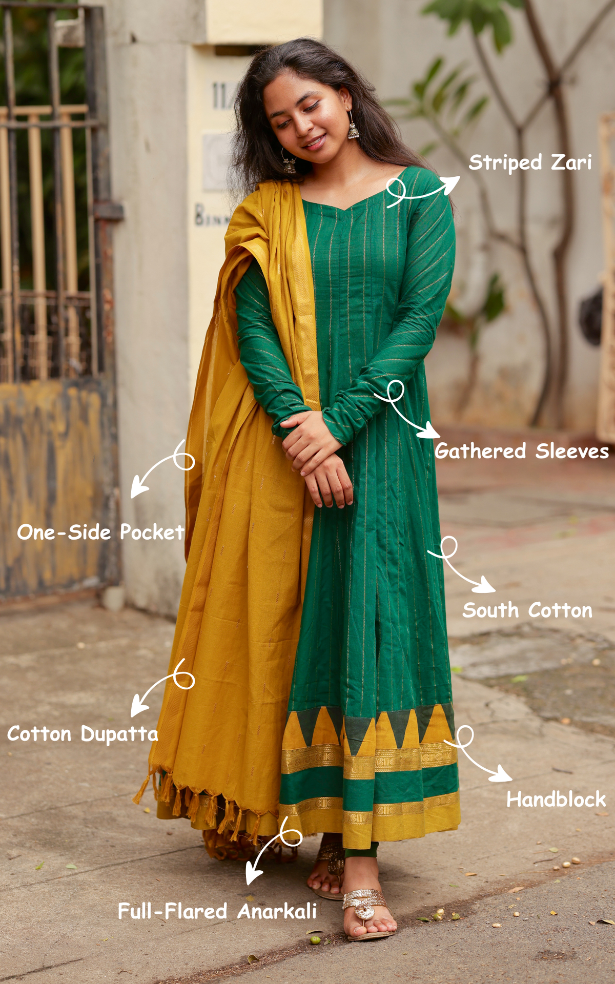 Green and Mustard South Cotton Designer Anarkali Kurti with Contrast Dupatta for Women