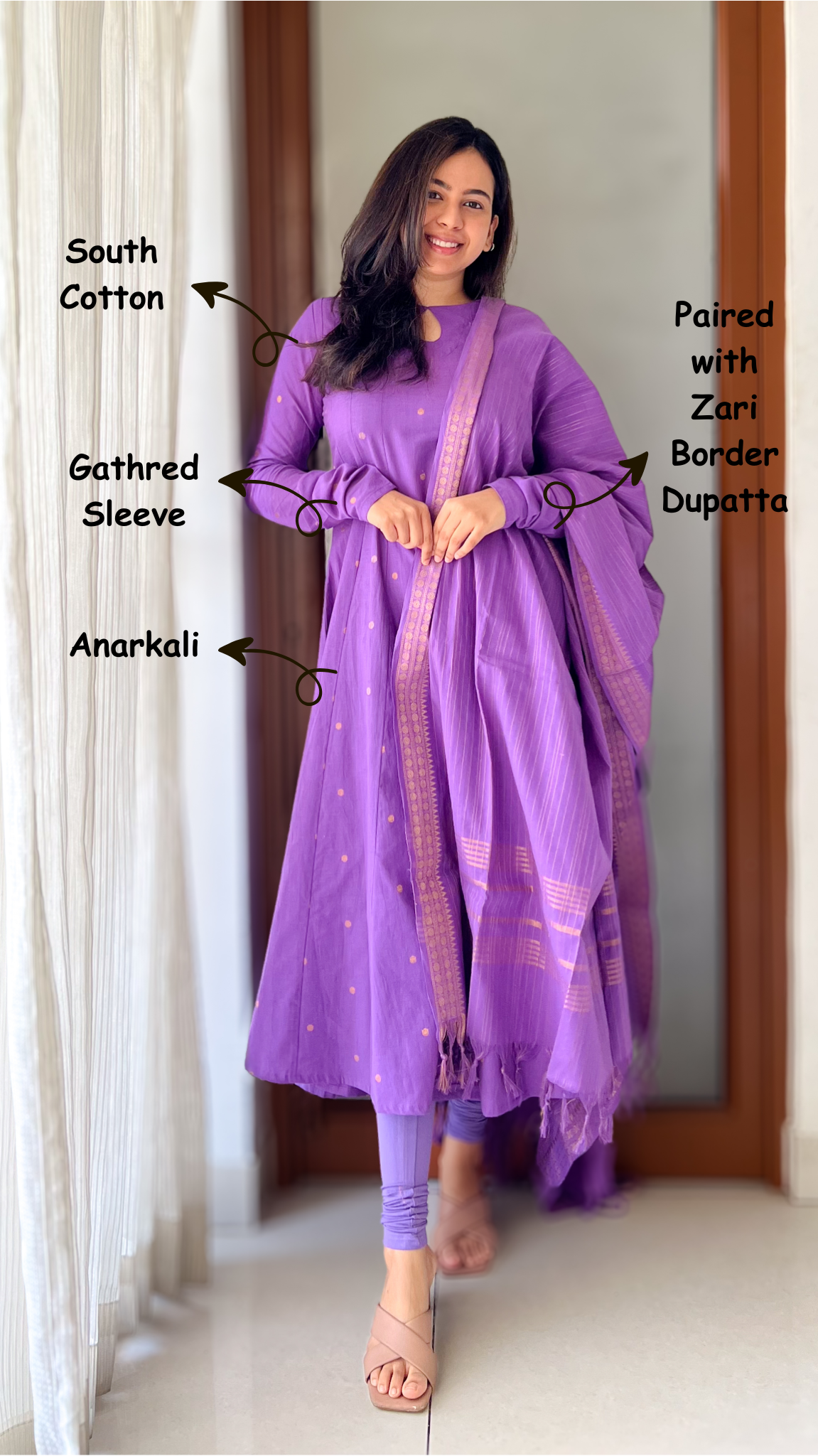 Instore - Violet Color South Cotton Anarkali Kurti with Dupatta, Gathered Sleeves