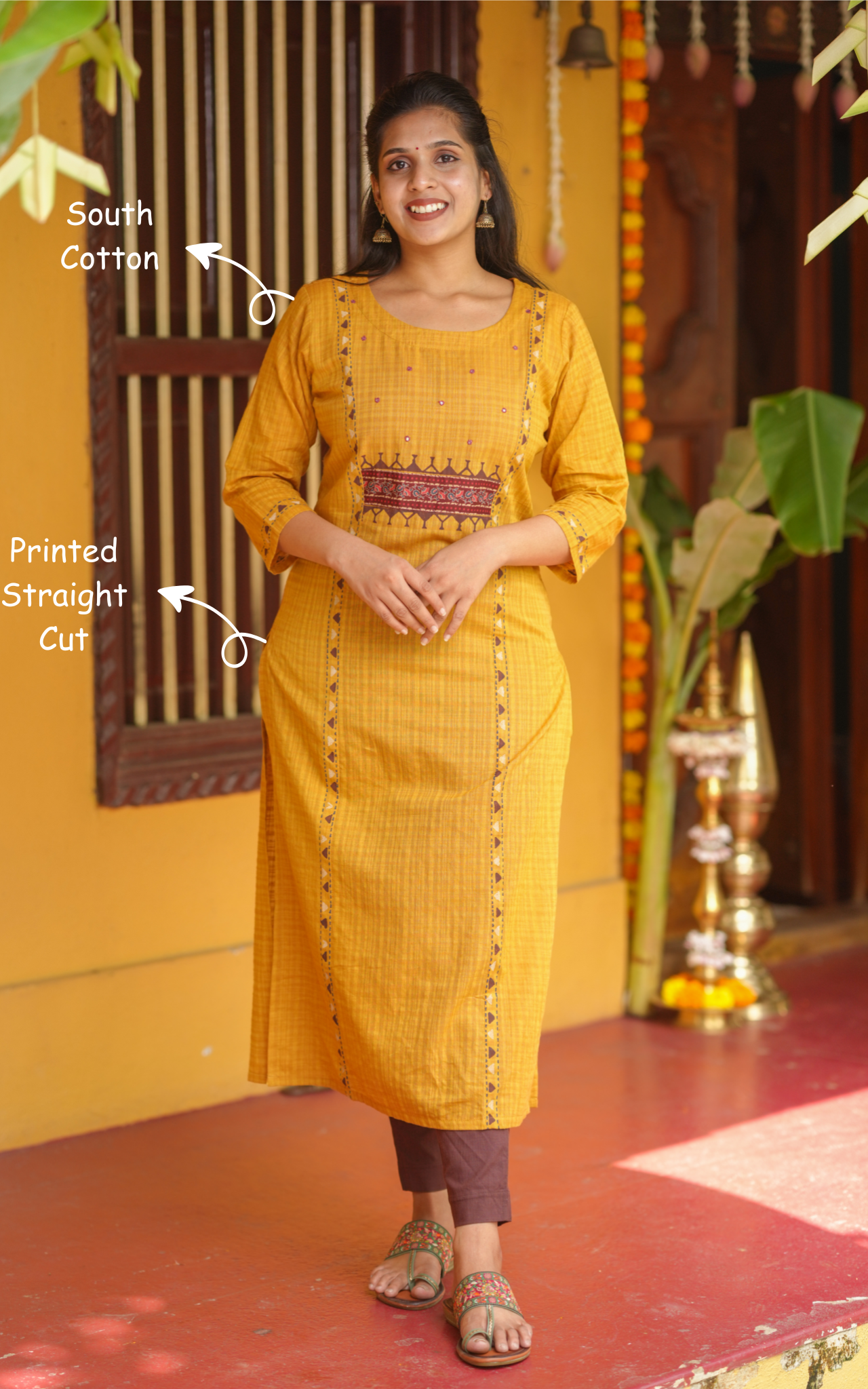 Instore - Mustard Color South Cotton, Printed Straight Cut Kurti with Side Slit with No Lining