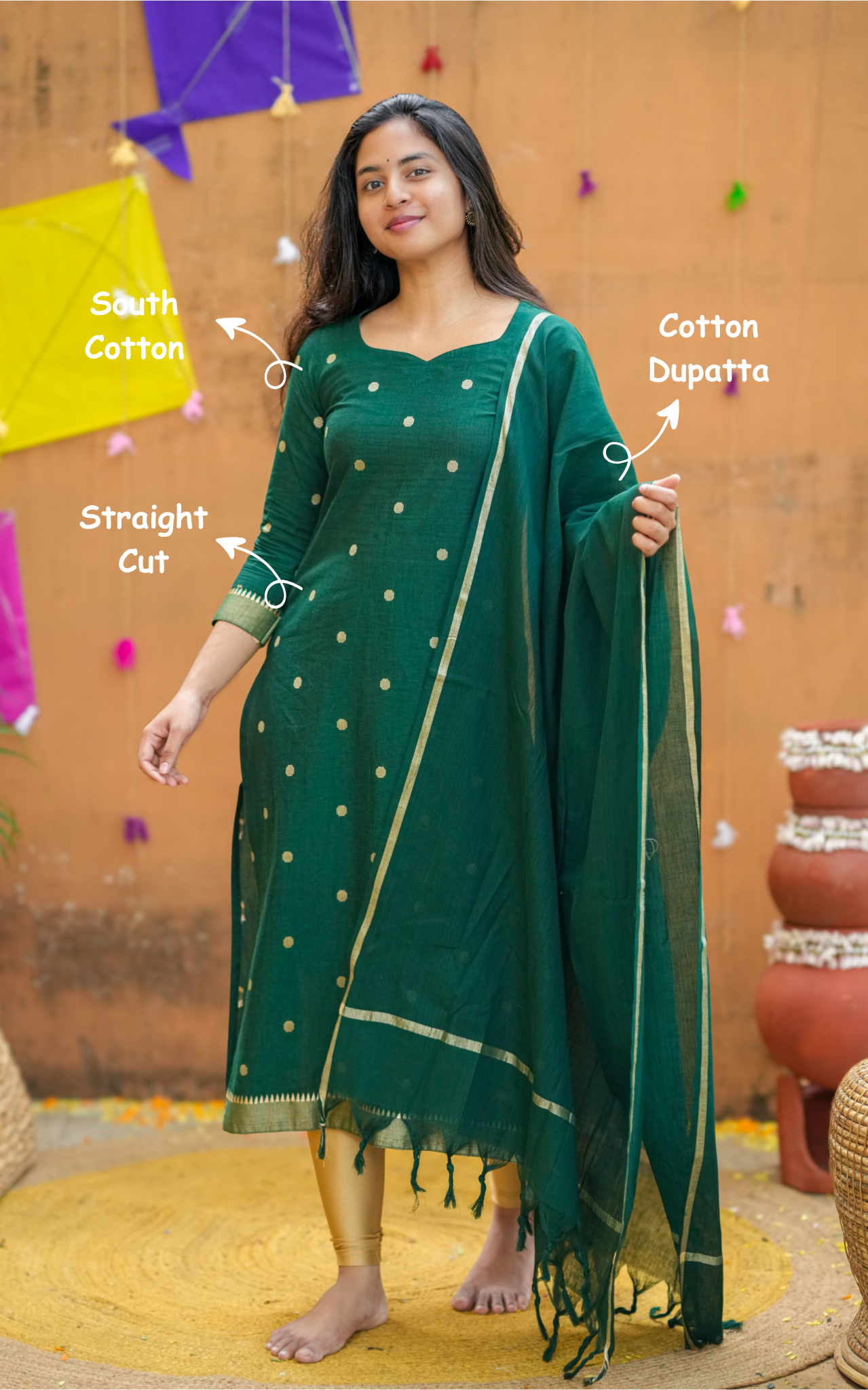 Instore – Bottle Green Nool Izhai Kurti with Dupatta for Women – South Cotton – Indian Ethnic Wear