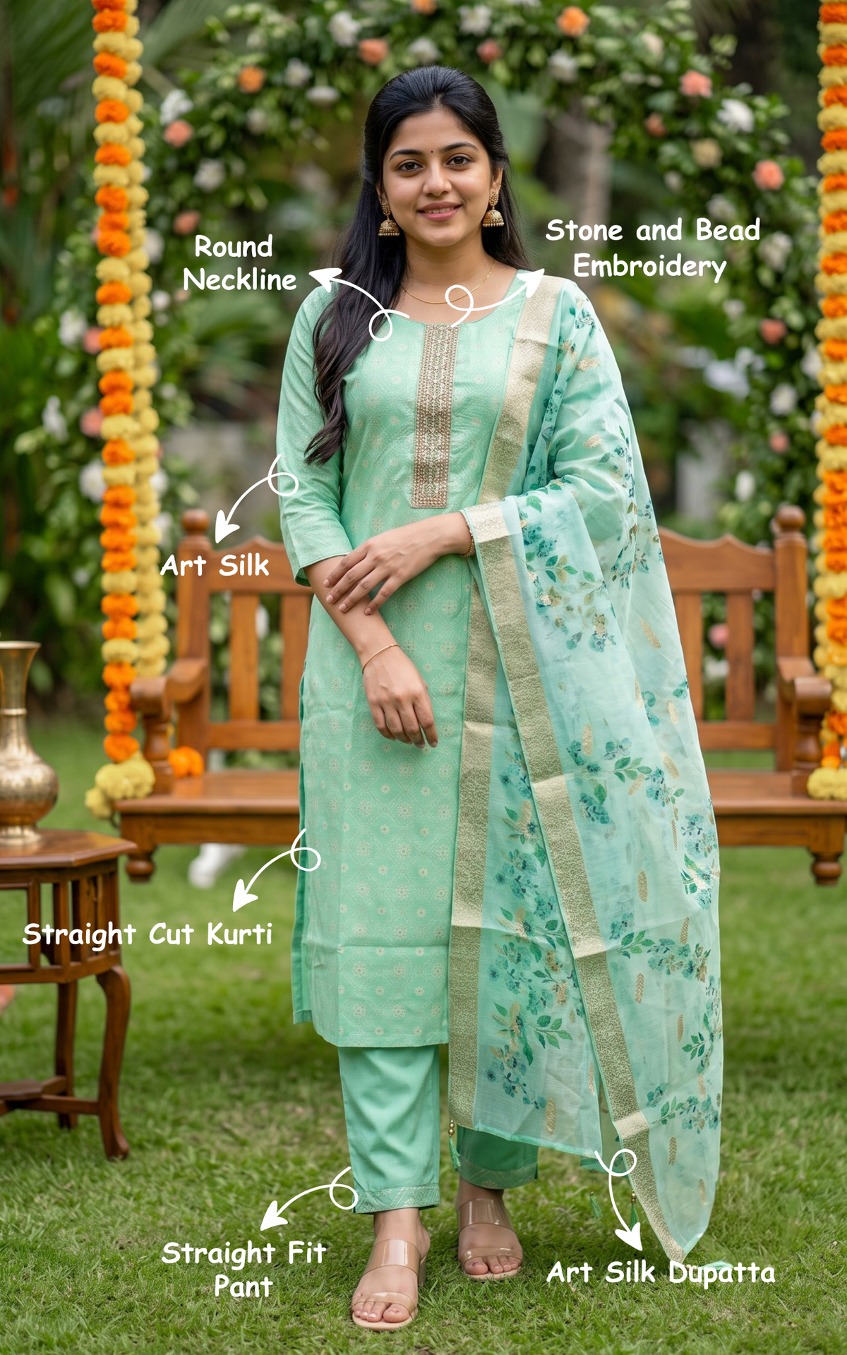 Malarnisha Mint Green (Kurti+Pant+Dupatta)