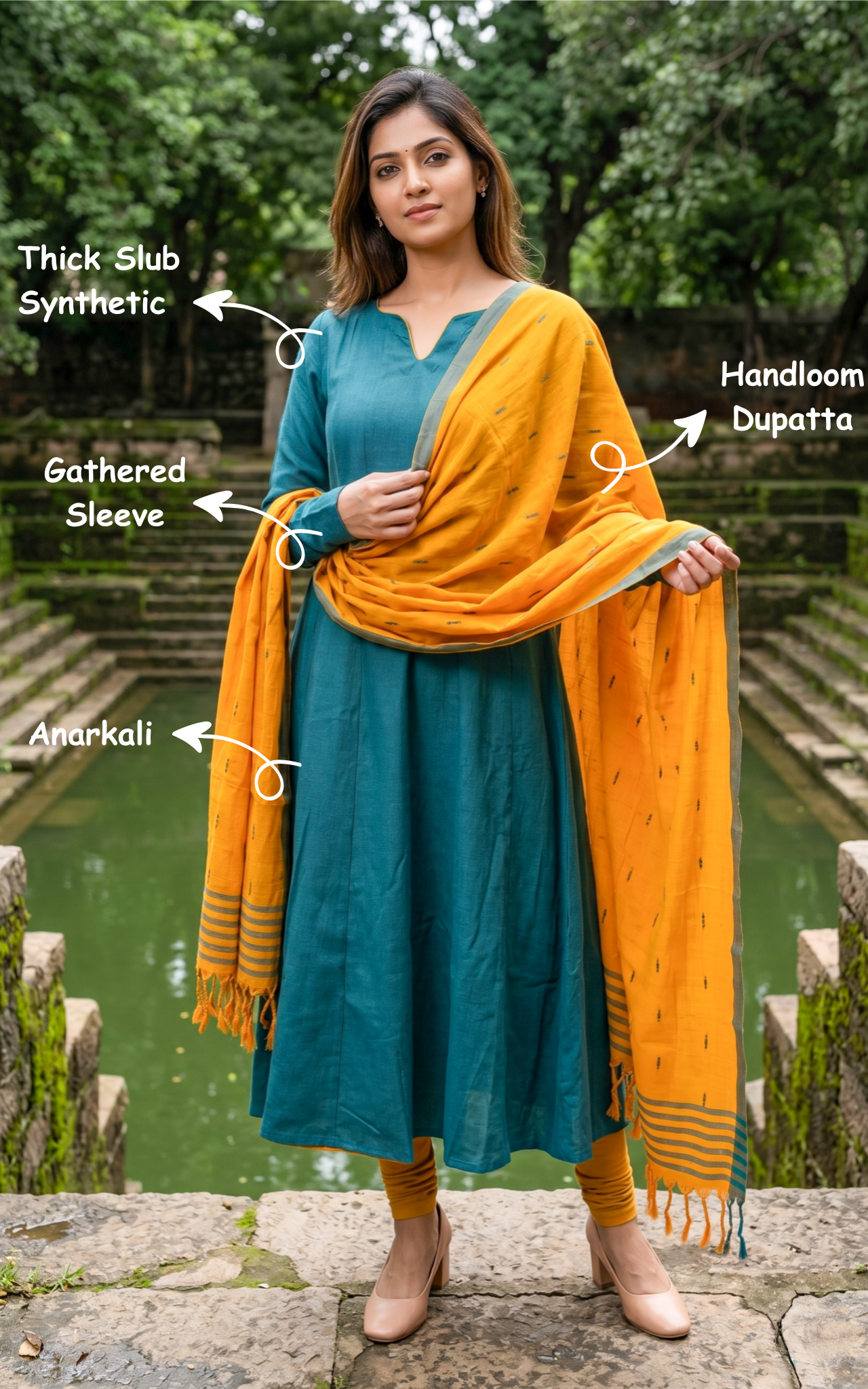 Instore – Teal Green Slub Synthetic Anarkali Kurti with Dupatta for Women – Gathered Sleeves – Ethnic Wear
