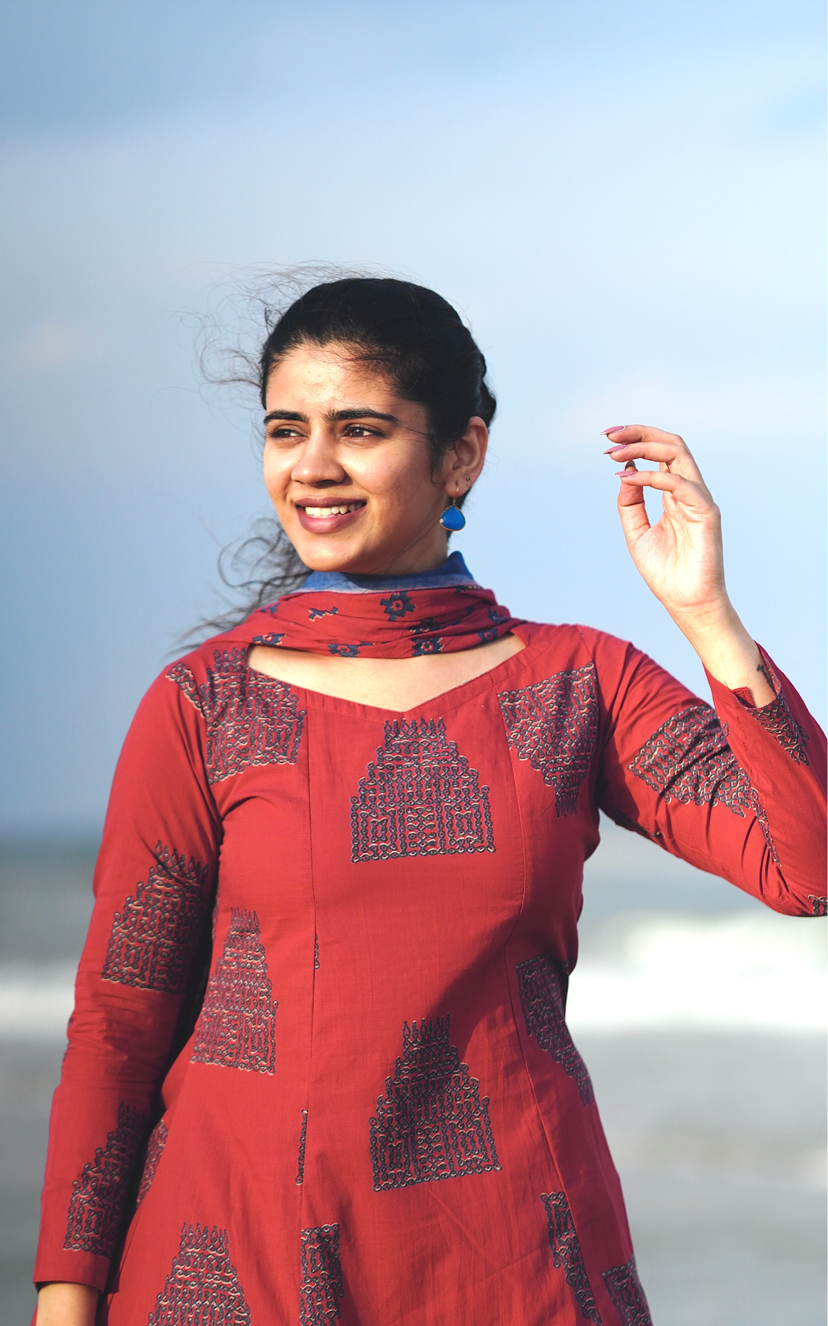 Brick Red Printed Cotton Casual Wear Anarkali Kurti with Dupatta for Women